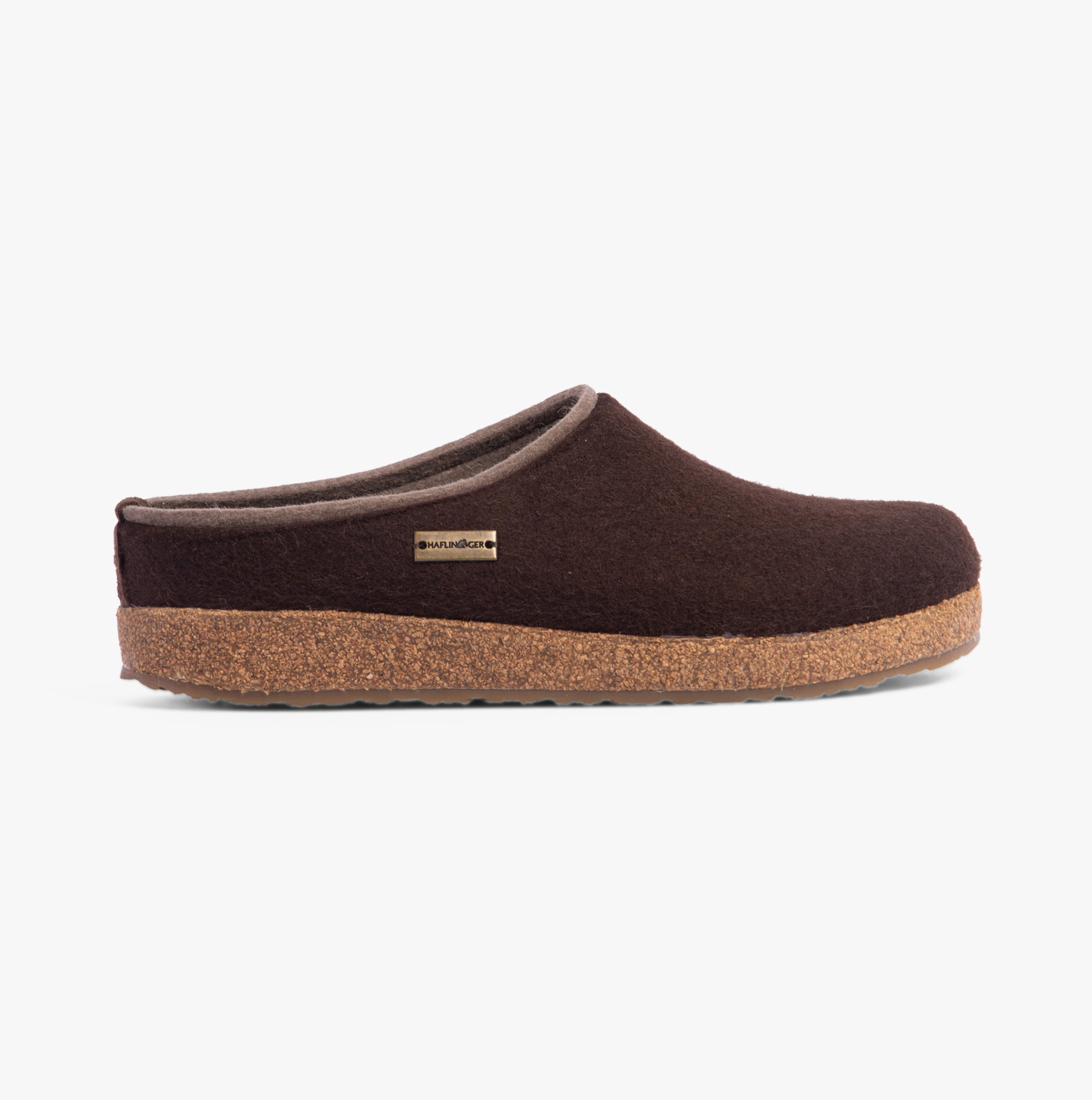 Haflinger KRIS Womens Felt Clogs Espresso side view showing wool upper and cork sole.