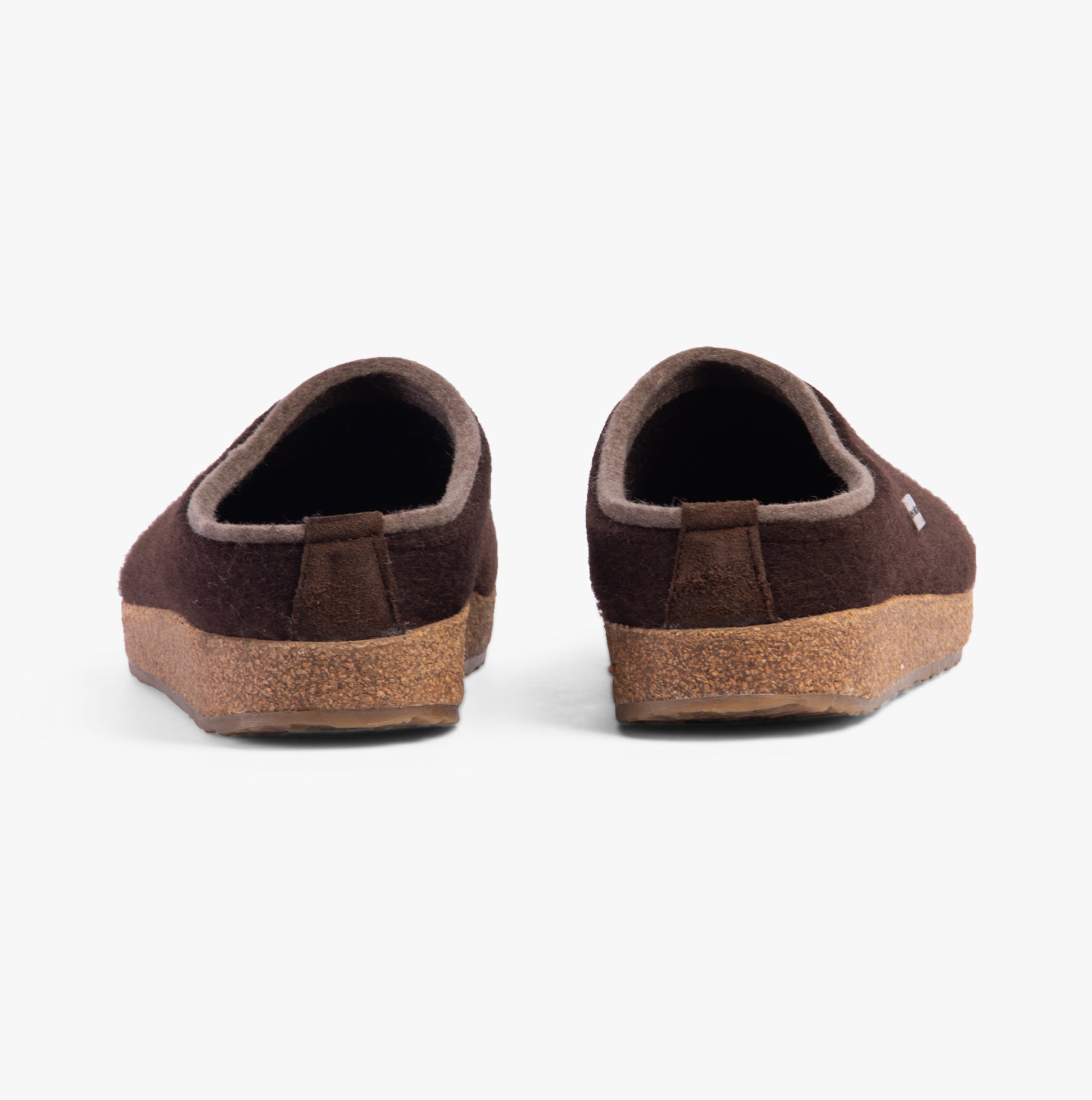 Haflinger KRIS Womens Felt Clogs Espresso back view showing the cork sole and dark wool upper.