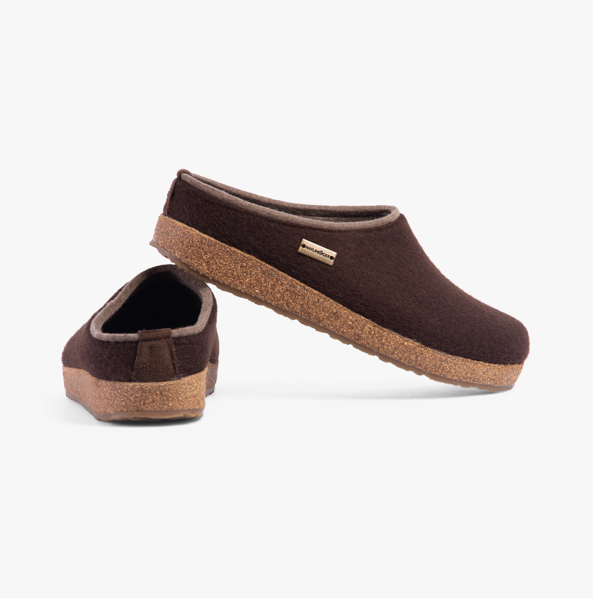 Haflinger KRIS Womens Felt Clogs Espresso side view with cork sole and wool upper in brown.