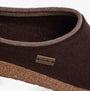 Haflinger KRIS Womens Felt Clogs Espresso detail view showcasing wool upper and cork sole.