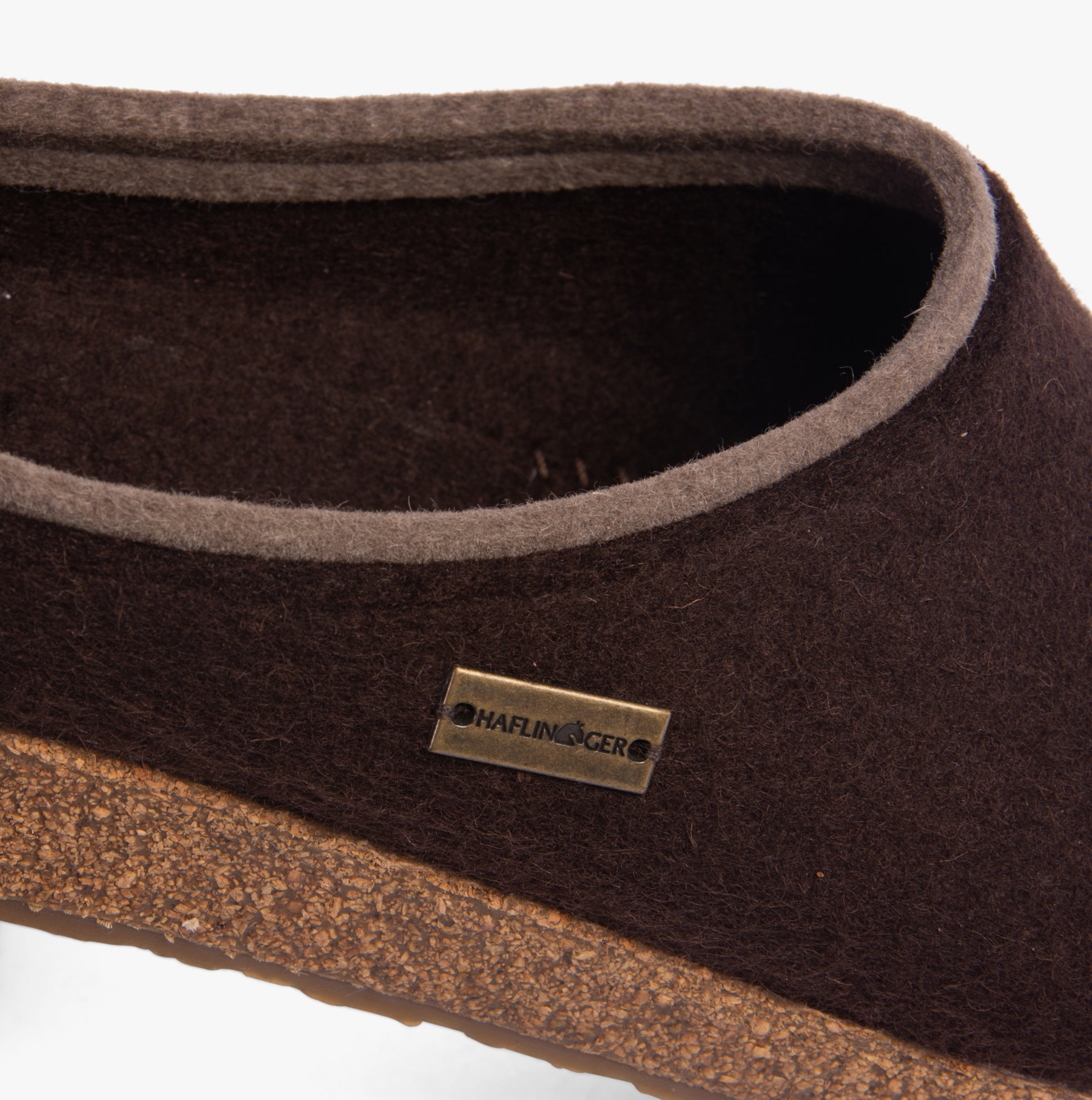 Haflinger KRIS Womens Felt Clogs Espresso detail view showcasing wool upper and cork sole.