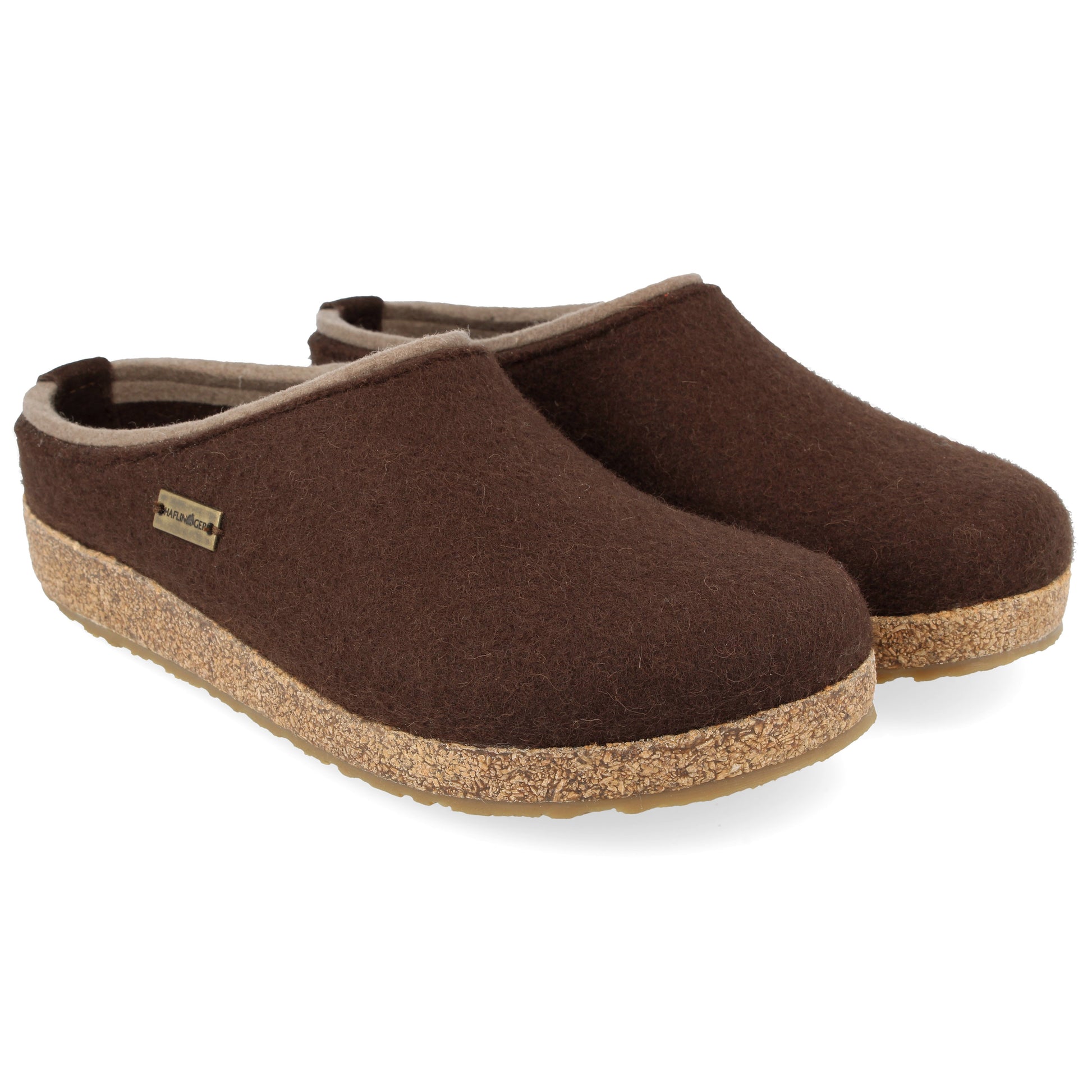 Haflinger KRIS Womens Felt Clogs Espresso side view with cork sole and wool upper.