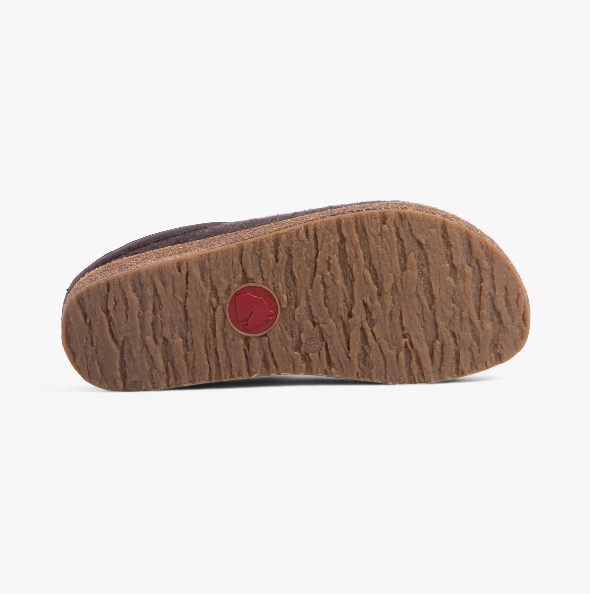 Haflinger TORBEN Womens Felt Clogs Mottled Brown bottom view showing rubber sole texture and logo detail.