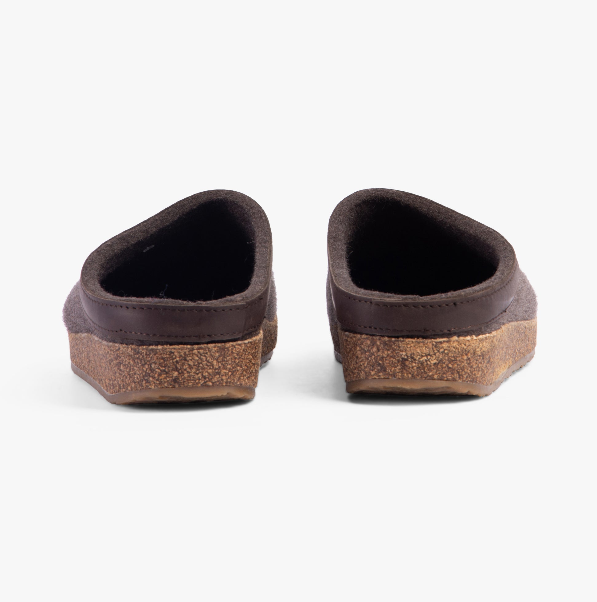 Haflinger TORBEN Womens Felt Clogs Mottled Brown rear view showcasing cork soles and soft wool upper.