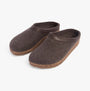 Haflinger TORBEN Womens Felt Clogs Mottled Brown side view showing wool upper and cork sole.