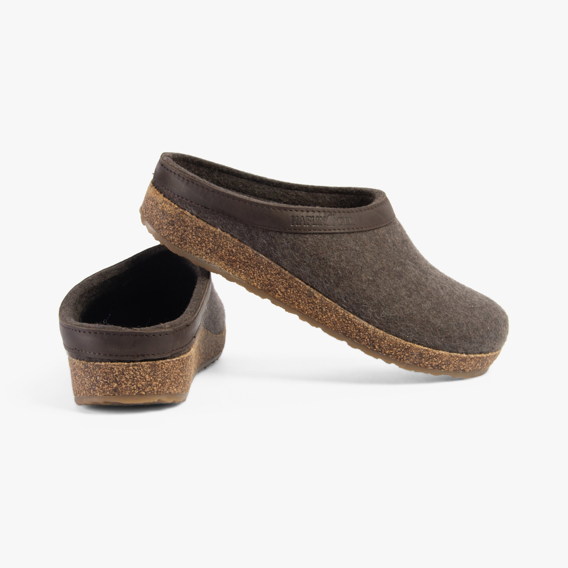 Haflinger TORBEN Womens Felt Clogs Mottled Brown side view showing cork sole and felt upper.
