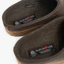 Haflinger TORBEN Womens Felt Clogs Mottled Brown detail view showing the interior wool lining and cork sole.
