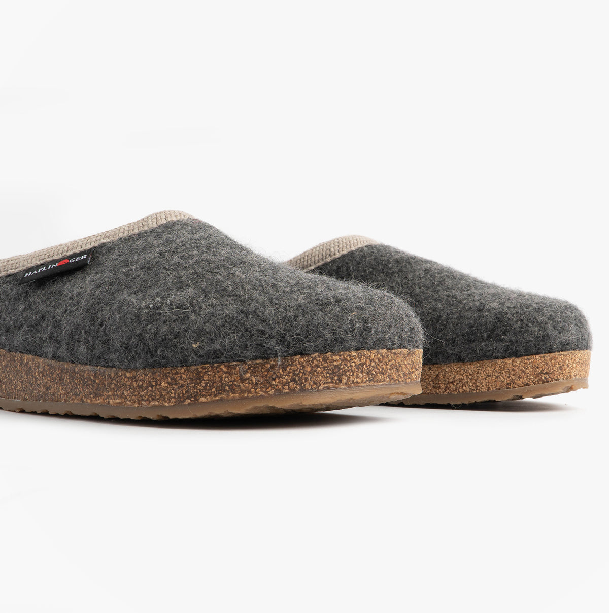 Haflinger PANDA Womens Felt Clogs Anthracite side view showcasing textile upper and rubber cork sole.