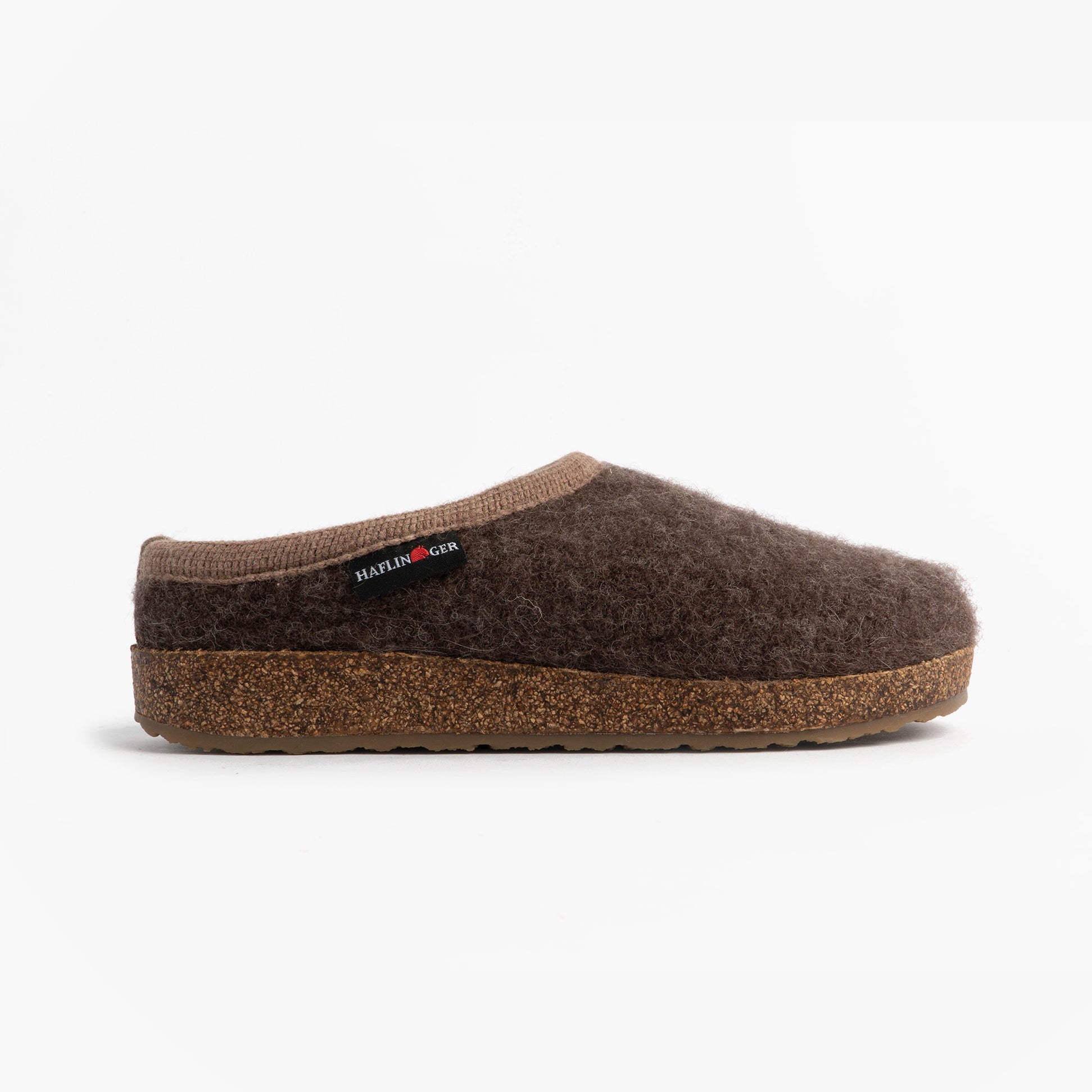 Haflinger PANDA Womens Felt Clogs Brown side view featuring textile upper and rubber cork sole.