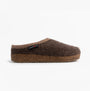 Haflinger PANDA Womens Felt Clogs Brown side view featuring textile upper and rubber cork sole.