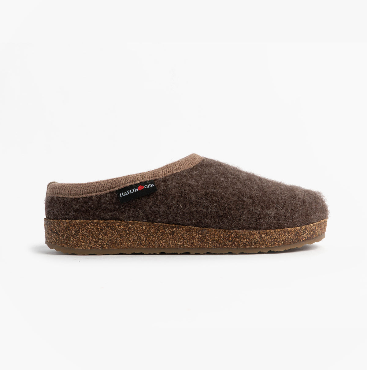 Haflinger PANDA Womens Felt Clogs Brown side view featuring textile upper and rubber cork sole.