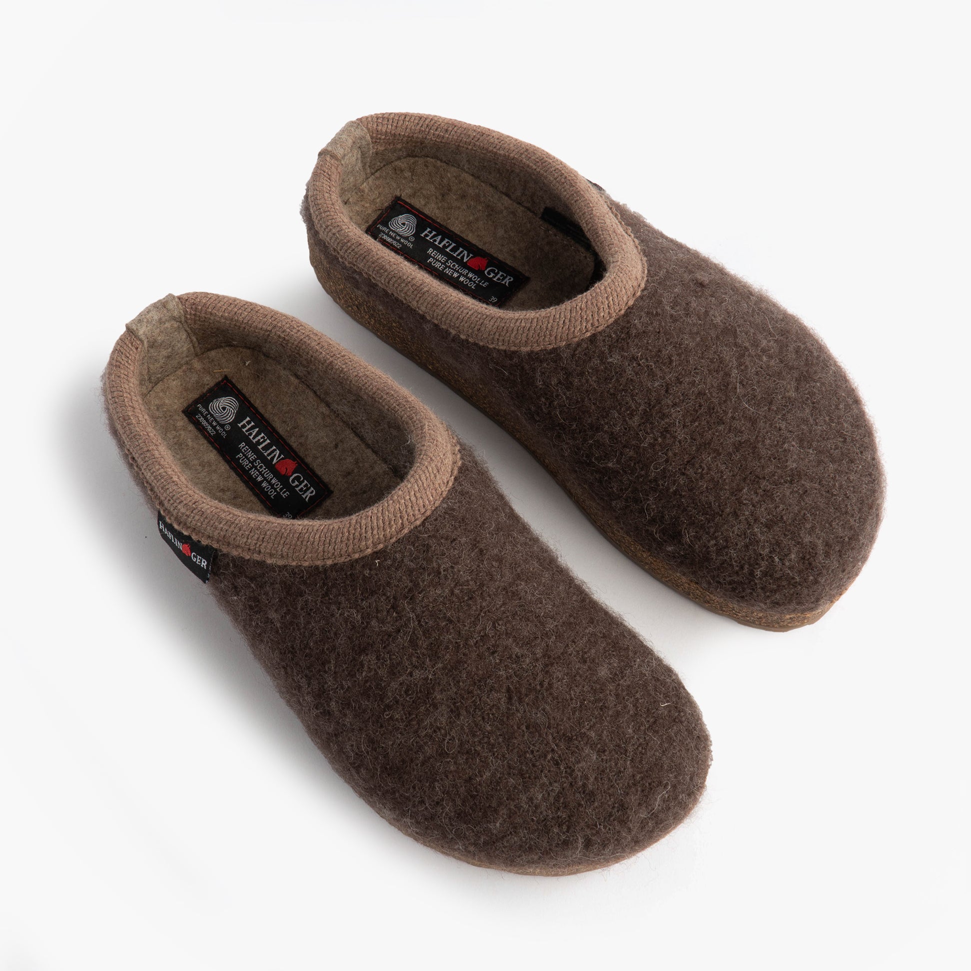 Haflinger PANDA Womens Felt Clogs Brown top view showing soft textile upper and slip-on design for comfort.
