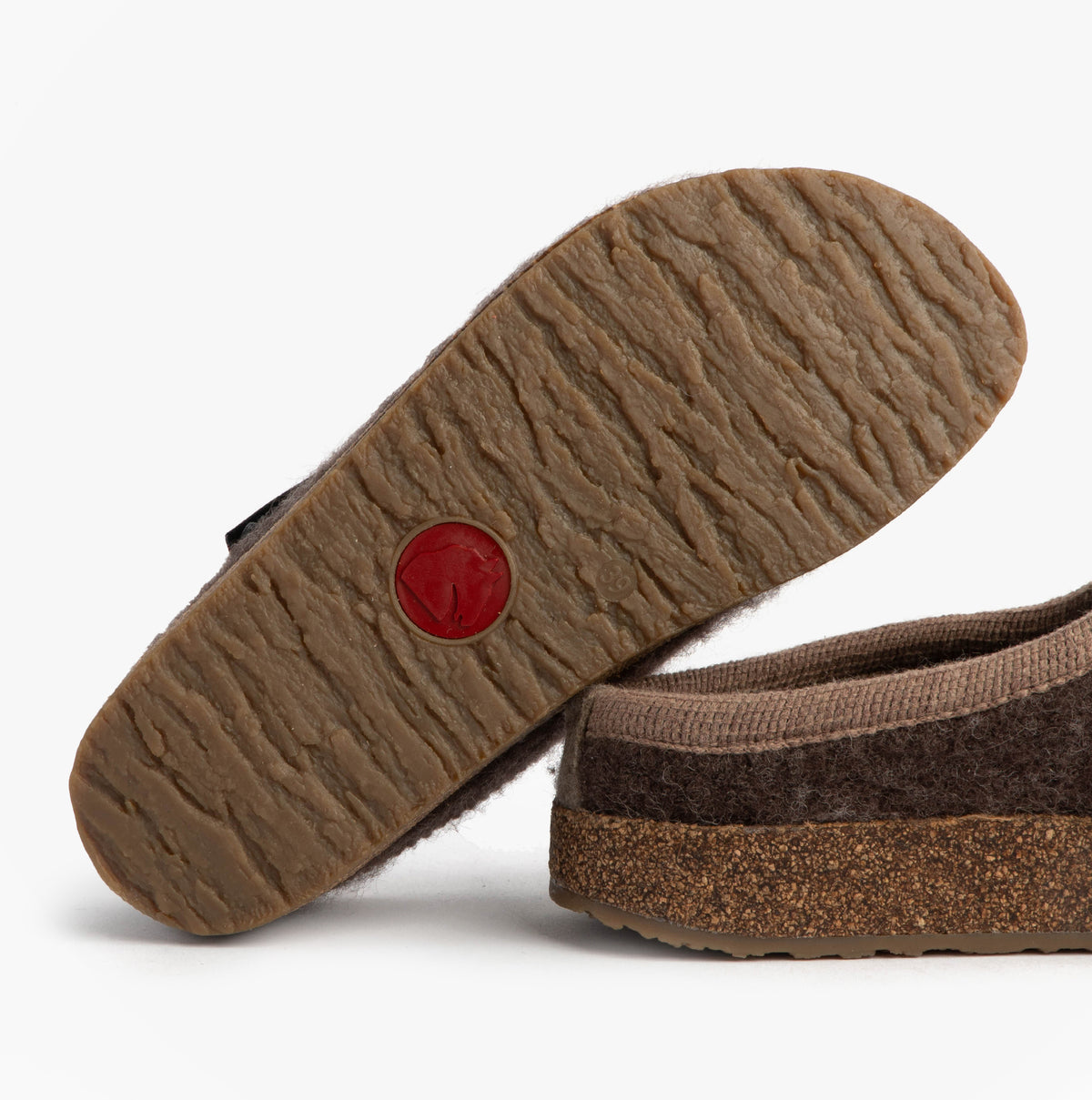 Haflinger PANDA Womens Felt Clogs Brown sole view showing rubber and cork materials for comfort and durability.