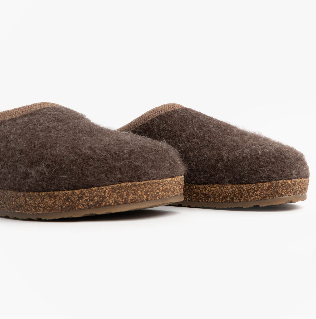 Haflinger PANDA Womens Felt Clogs Brown side view showing textile upper and cork sole for comfort.
