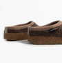 Haflinger PANDA Womens Felt Clogs Brown, side view showcasing the textile upper and rubber cork sole.