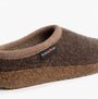 Haflinger PANDA Womens Felt Clogs Brown side view showing textile upper and rubber/cork sole.
