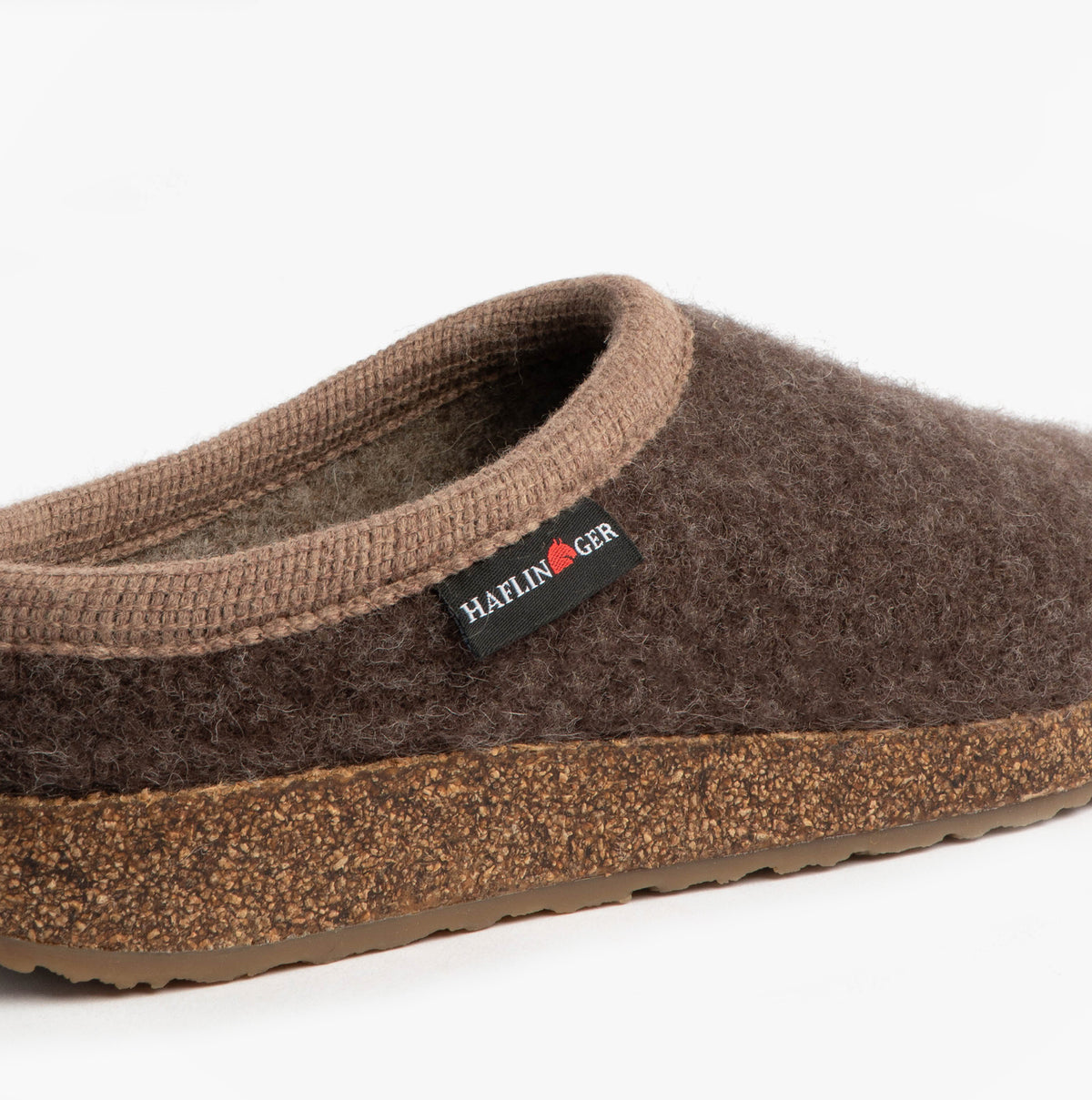 Haflinger PANDA Womens Felt Clogs Brown side view showing textile upper and rubber/cork sole.