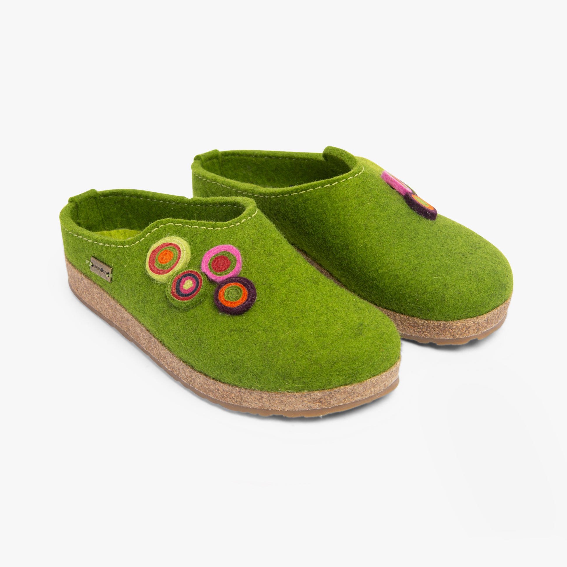 Haflinger KANON Womens Slippers Green side view showing felt upper, round toe shape, and colorful embellishments.