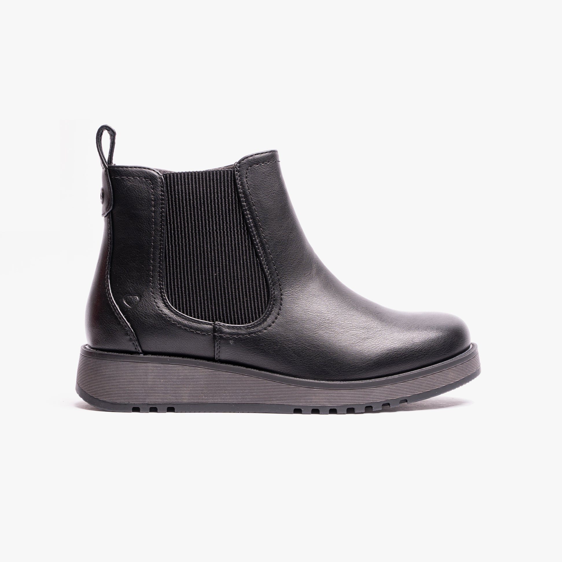 Heavenly Feet NEW ROLO2 Womens Chelsea Boots Black side view showing synthetic upper and wedge heel.