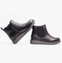 Heavenly Feet NEW ROLO2 Womens Chelsea Boots Black side view of ankle boots with wedge sole and zip closure.