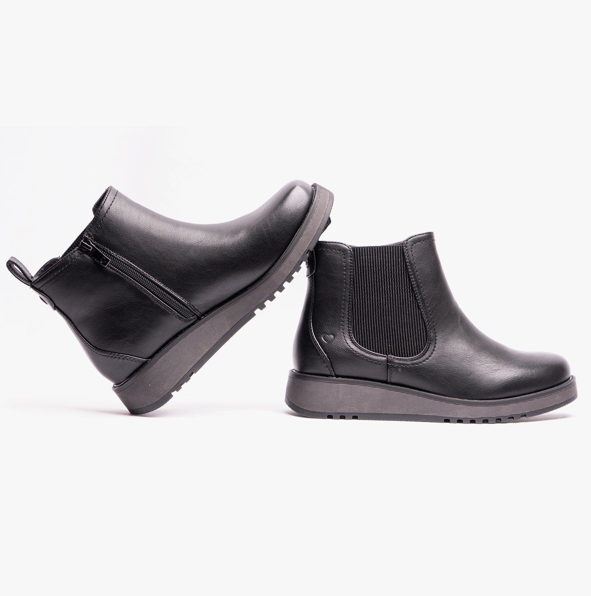 Heavenly Feet NEW ROLO2 Womens Chelsea Boots Black side view of ankle boots with wedge sole and zip closure.