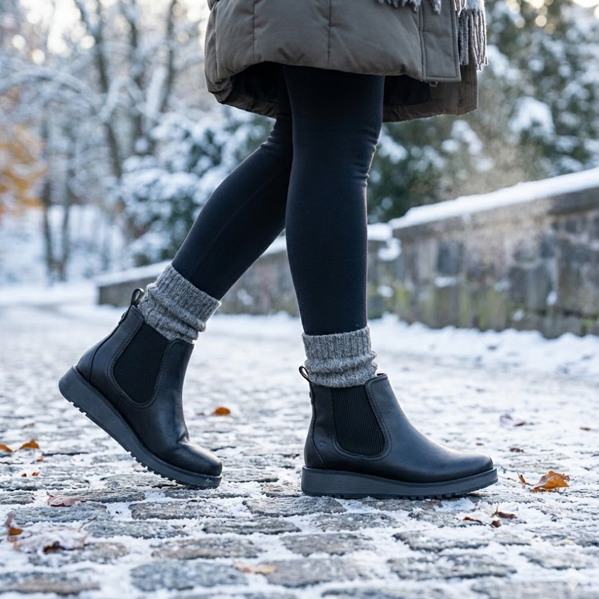 Heavenly Feet NEW ROLO2 Womens Chelsea Boots Black side view worn on snowy path with warm leggings and coat.