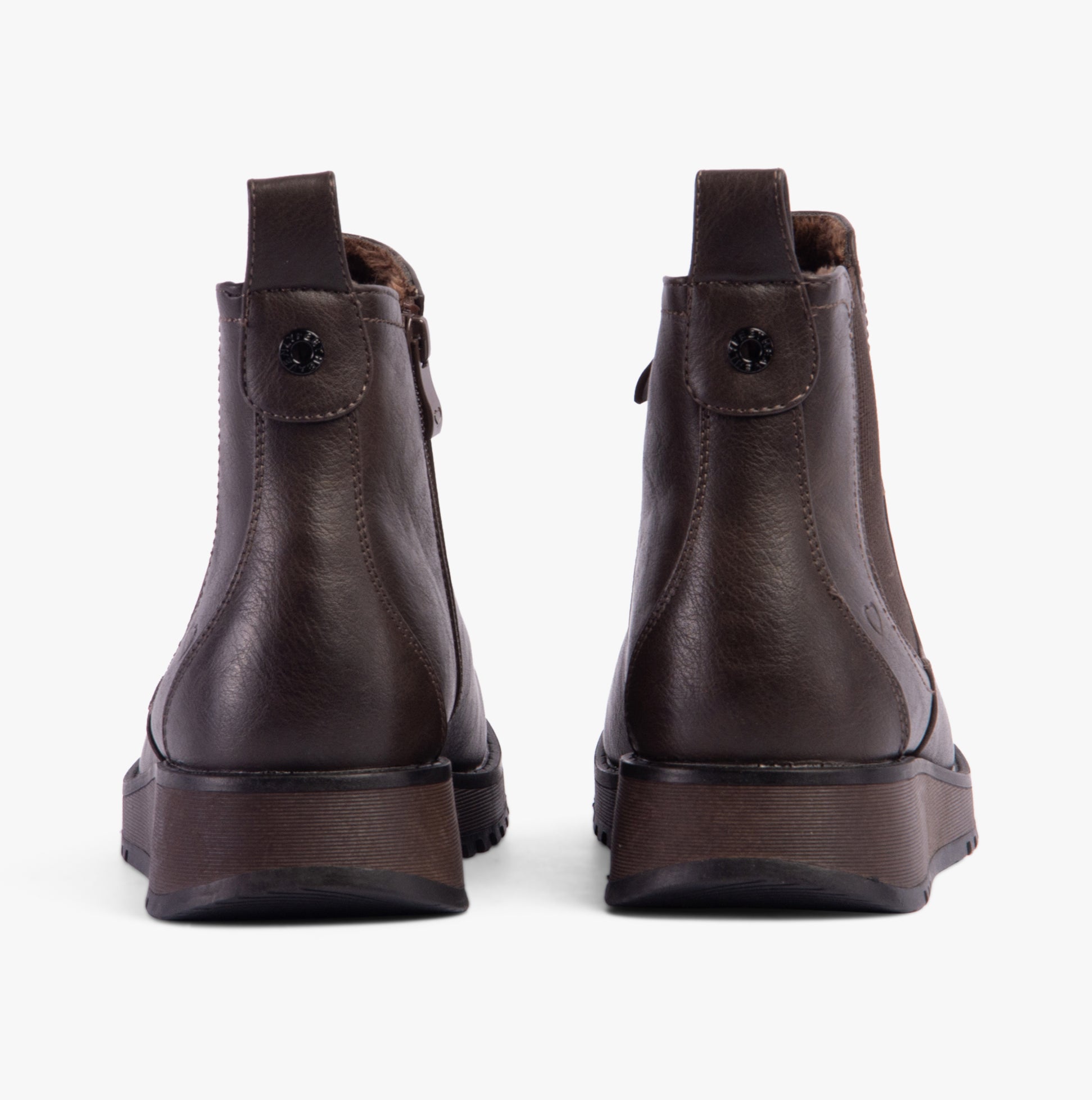 Heavenly Feet NEW ROLO2 Womens Boots Chocolate back view showing faux leather design and wedge heel.