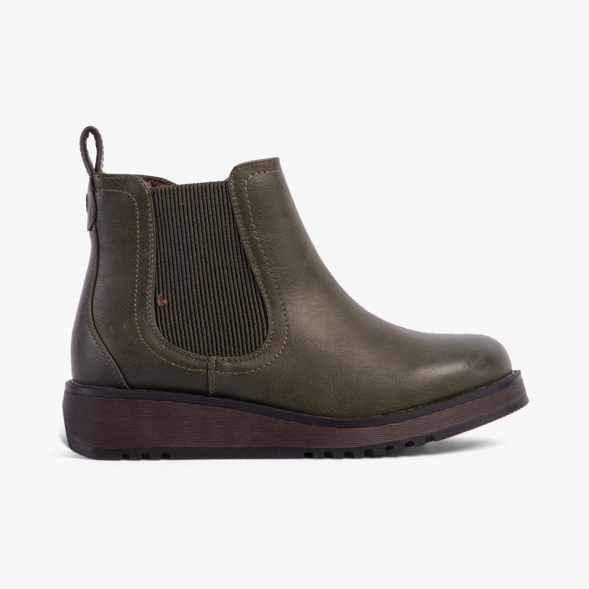 Heavenly Feet NEW ROLO2 Womens Boots Khaki side view featuring faux leather upper and wedge sole.
