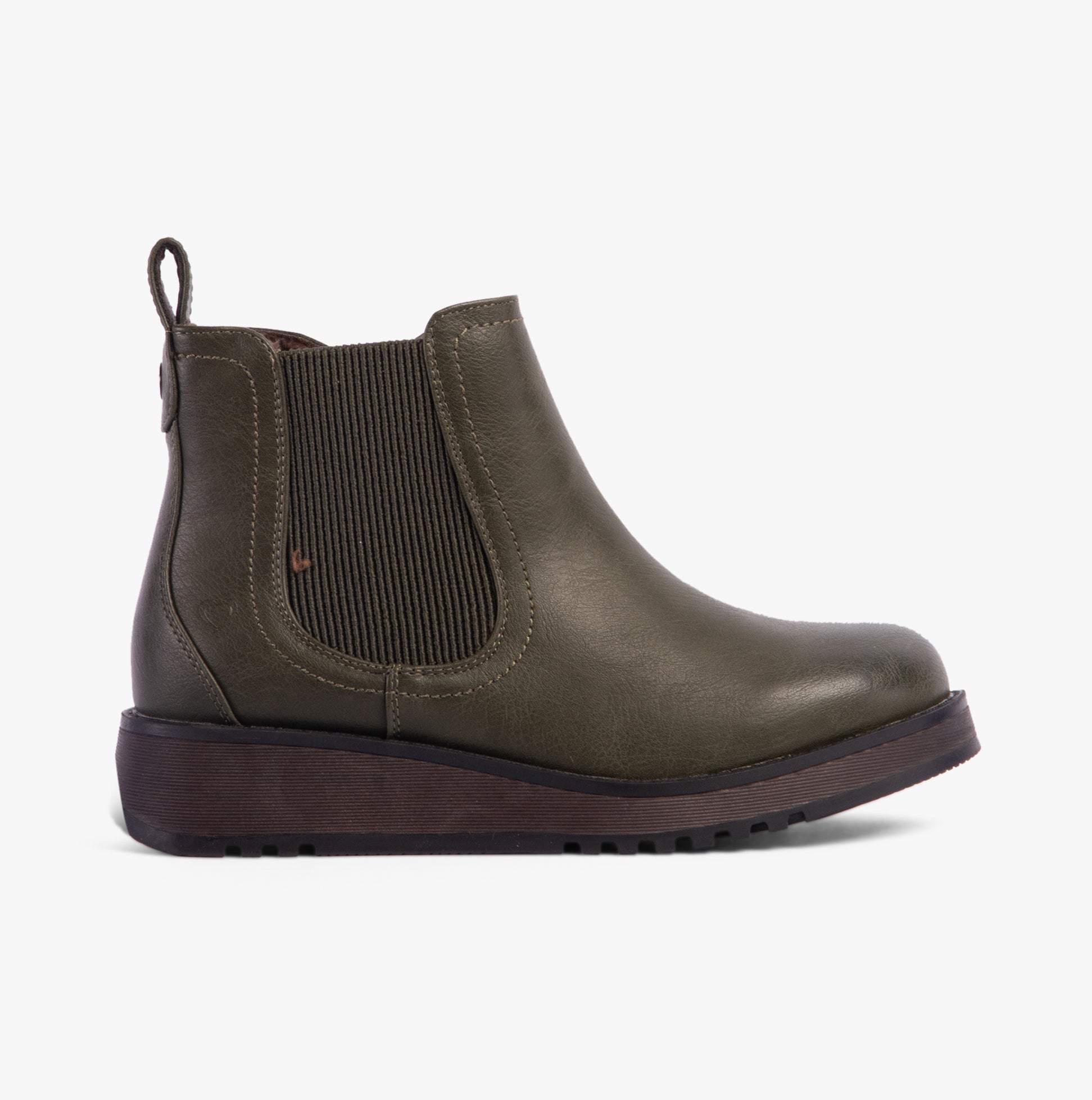Heavenly Feet NEW ROLO2 Womens Boots Khaki side view featuring faux leather upper and wedge sole.