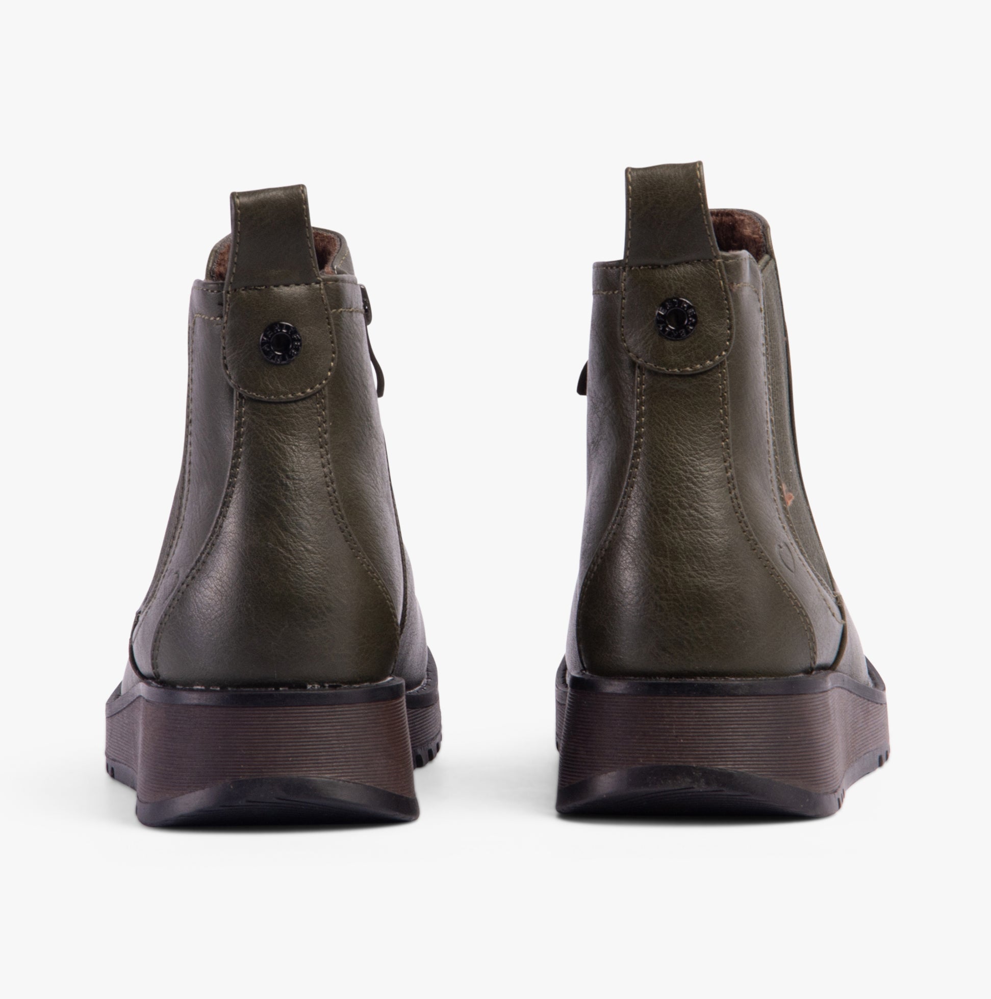 Heavenly Feet NEW ROLO2 Womens Boots Khaki back view showing faux leather design and wedge heel.
