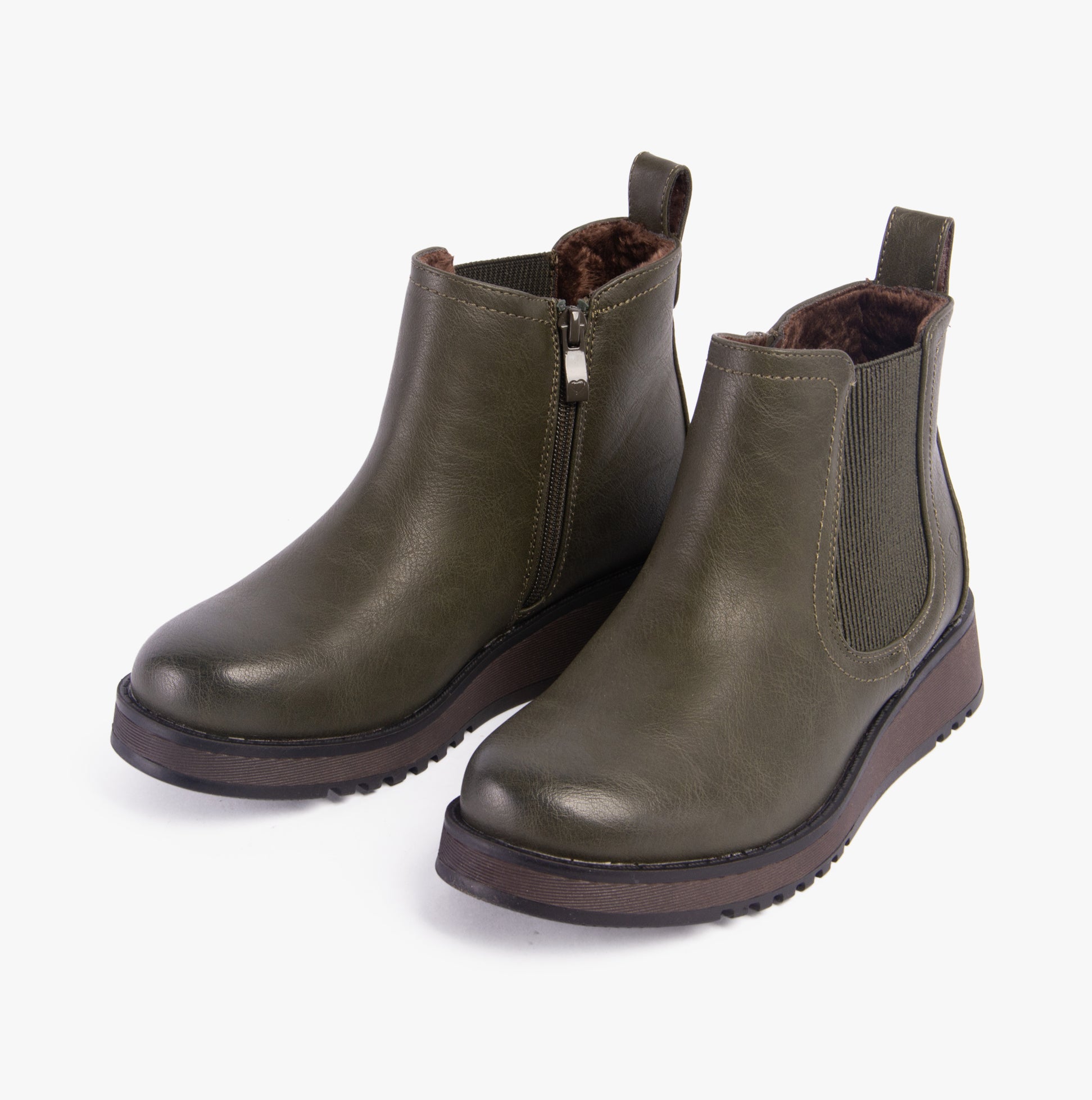 Heavenly Feet NEW ROLO2 Womens Boots Khaki side view showing faux leather upper and wedge heel design.