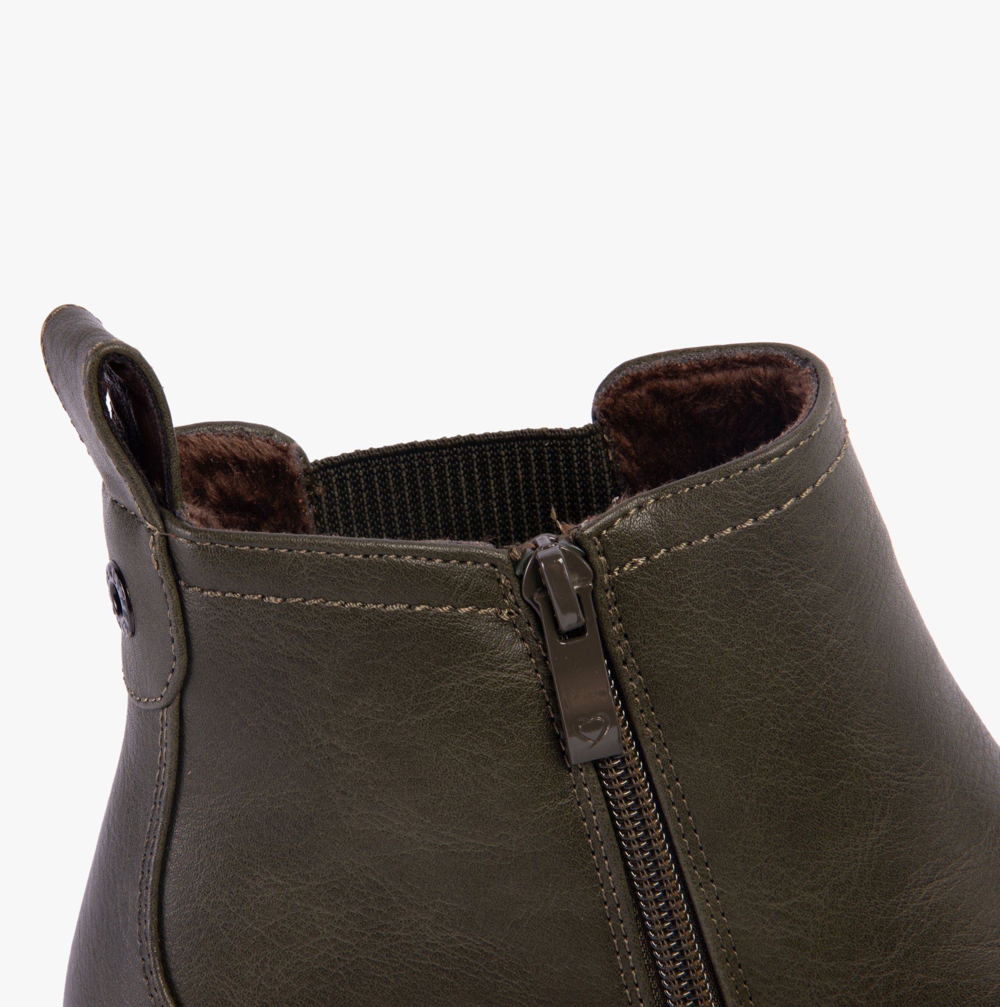 Heavenly Feet NEW ROLO2 Womens Boots Khaki detail view of ankle with zip and faux leather texture