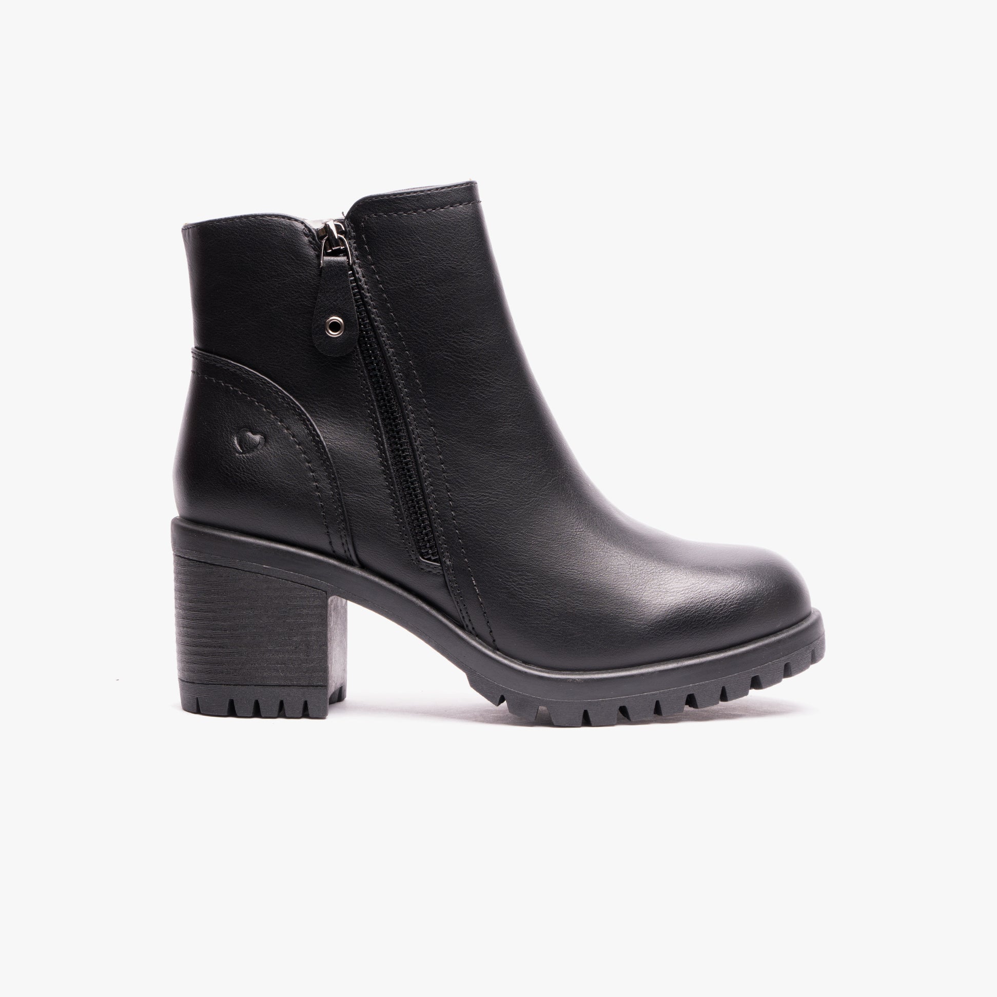 Heavenly Feet LARKIN Womens Ankle Zip Boots Black side view showcasing block heel and zip closure.
