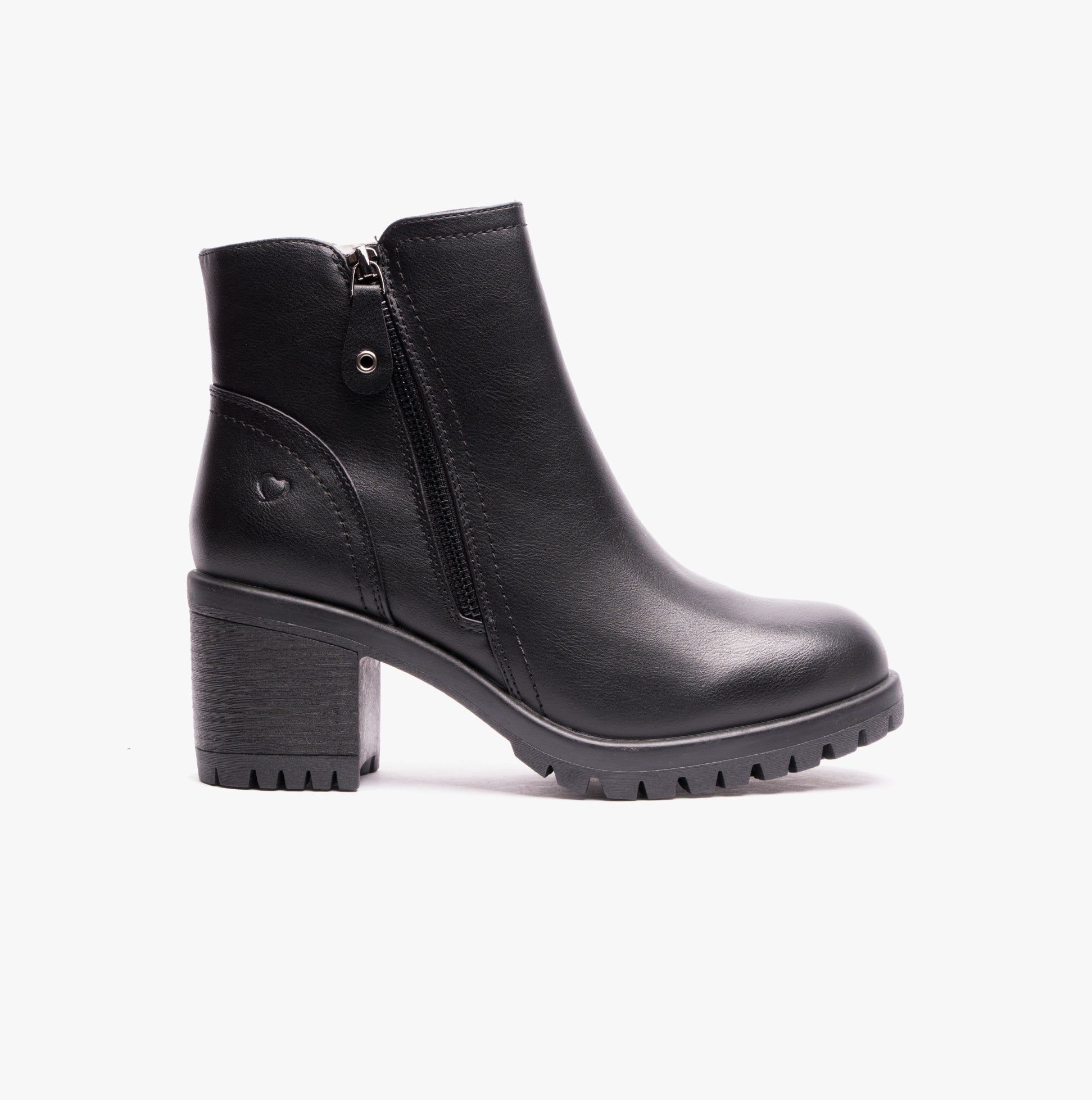 Heavenly Feet LARKIN Womens Ankle Zip Boots Black side view showcasing block heel and zip closure.