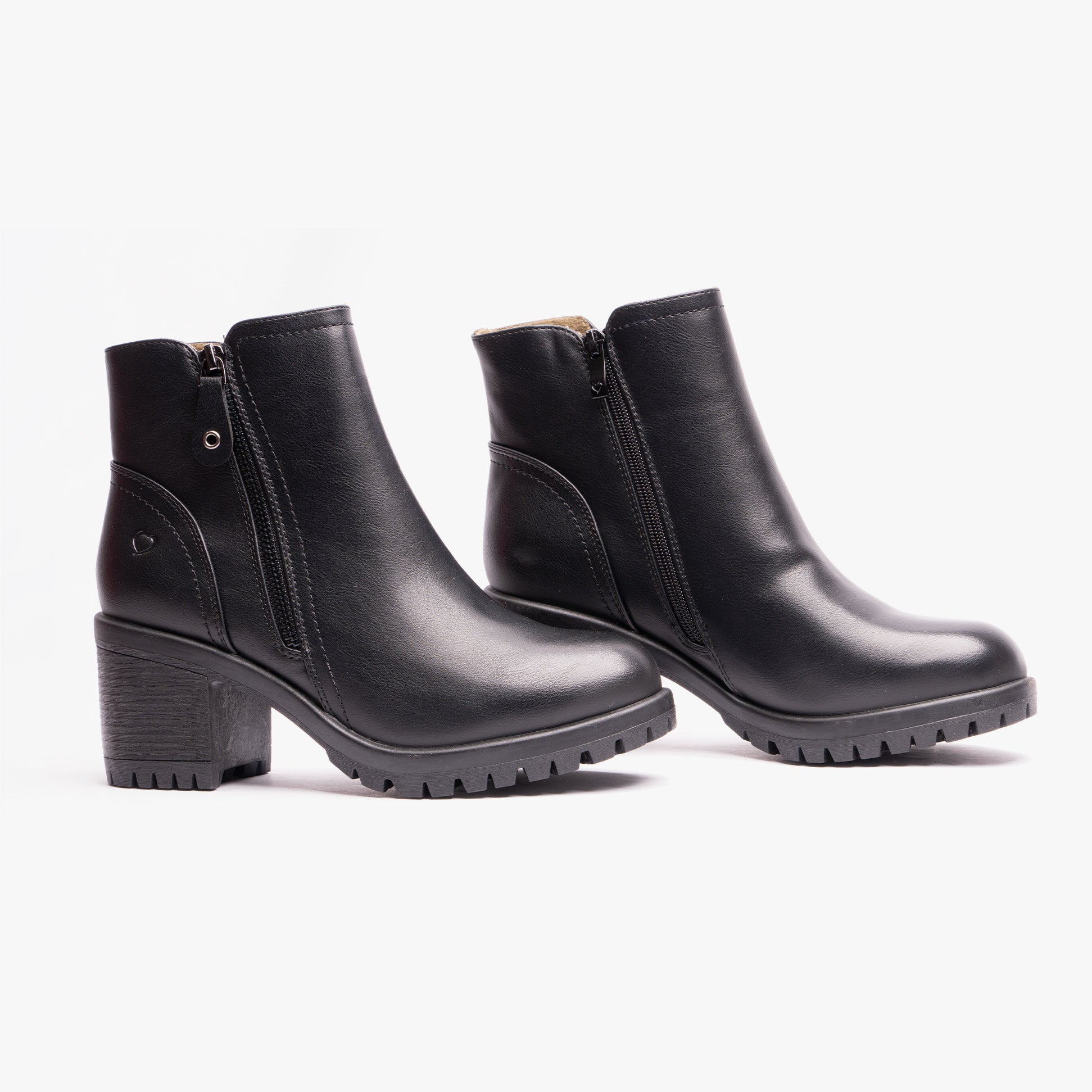 Heavenly Feet LARKIN Womens Ankle Zip Boots Black side view pair with block heel and zip closure.