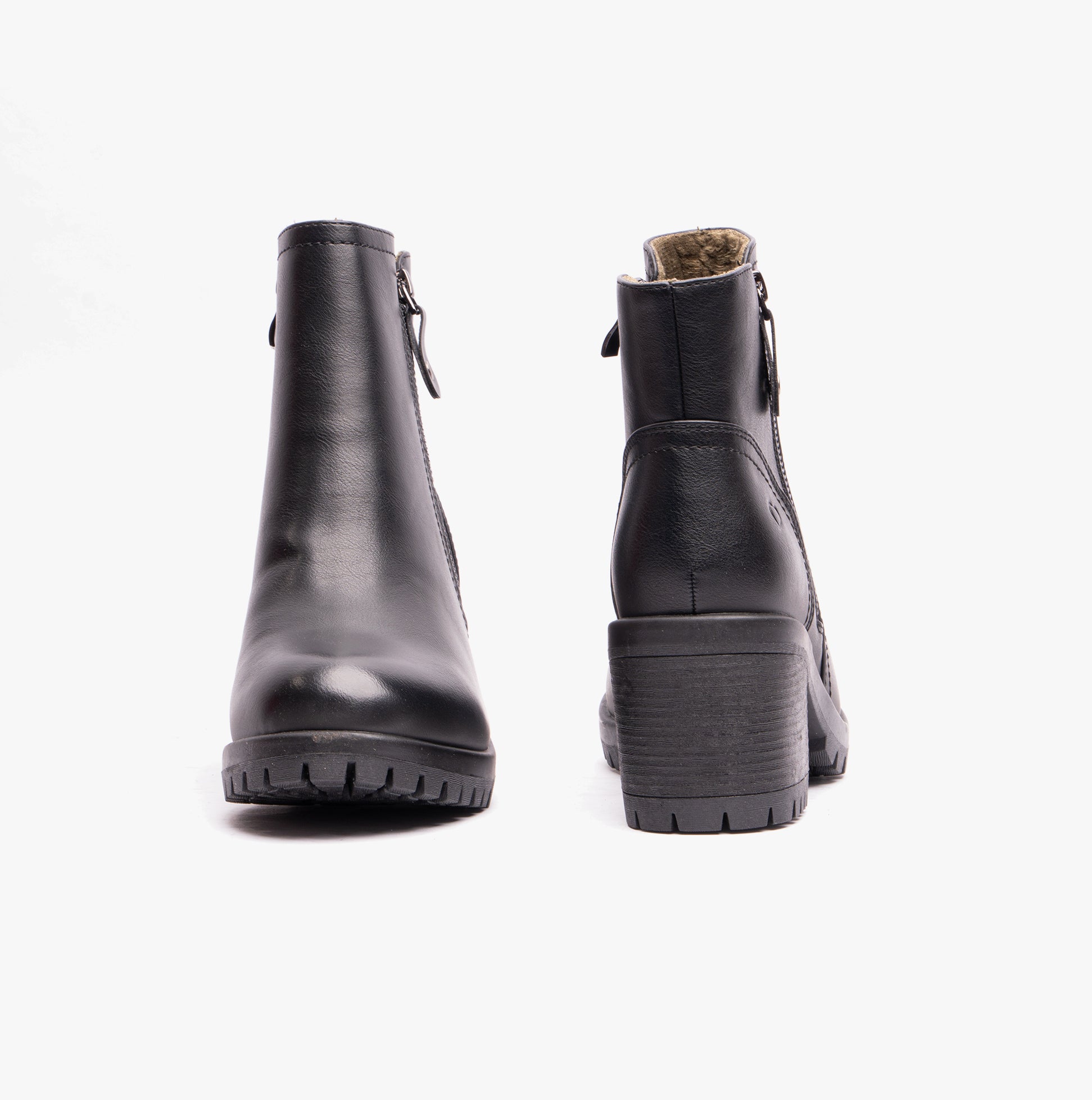 Heavenly Feet LARKIN Womens Ankle Zip Boots Black, rear view showing zippers and block heels.
