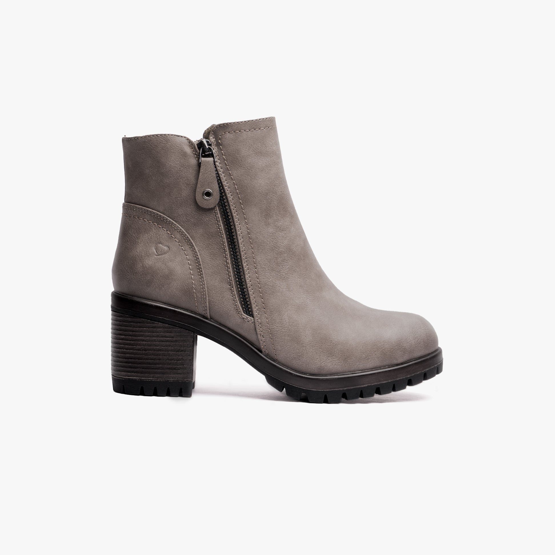 Heavenly Feet LARKIN Womens Ankle Zip Boots Earth side view showcasing block heel and zip detail in grey.