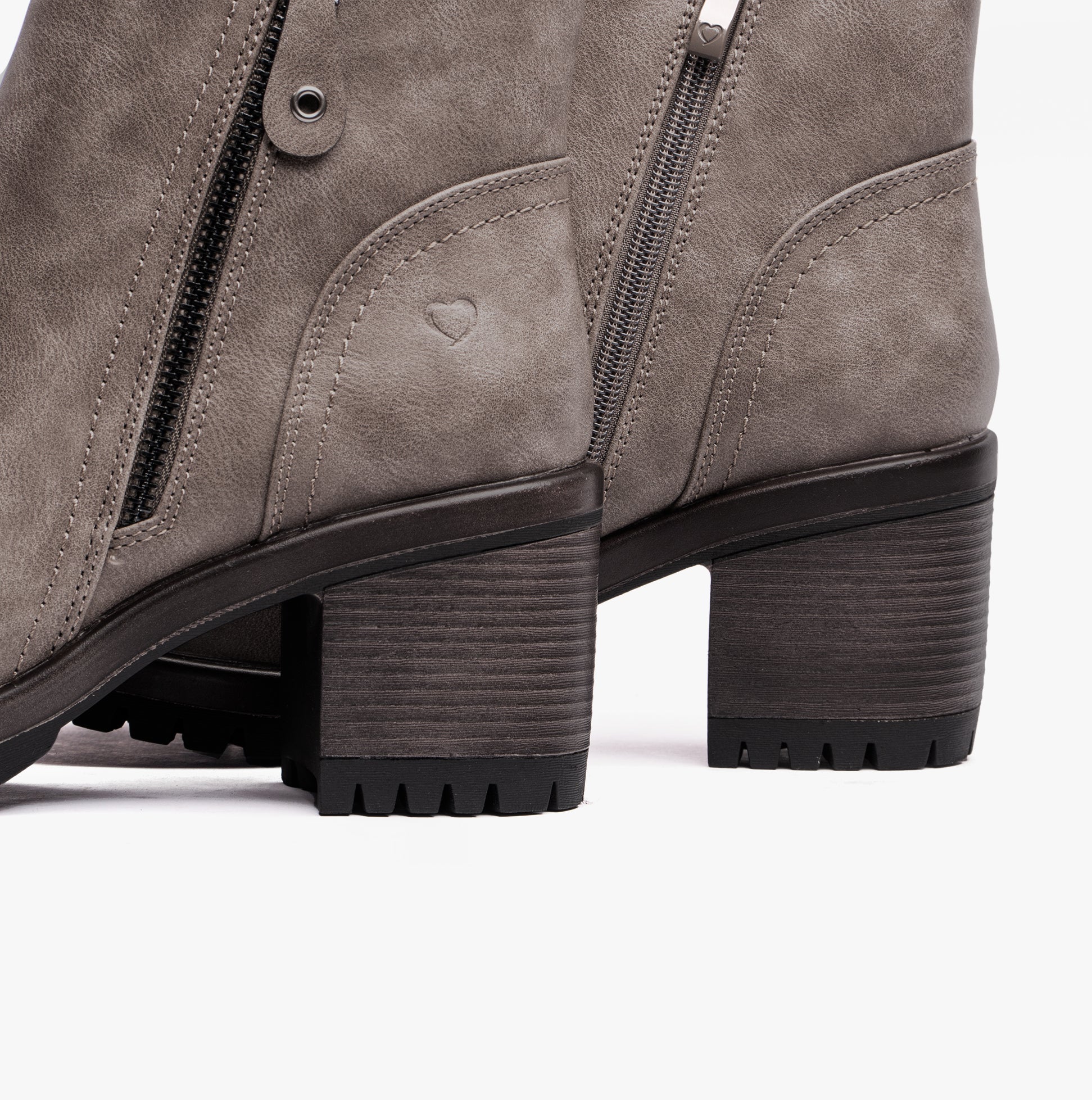 Heavenly Feet LARKIN Womens Ankle Zip Boots Earth side view showcasing the textured synthetic upper and block heel.