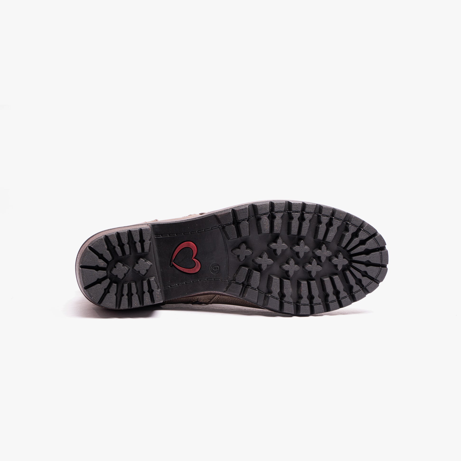 Heavenly Feet LARKIN Womens Ankle Zip Boots Earth bottom view, showcasing the tread pattern and heart detail on the sole.