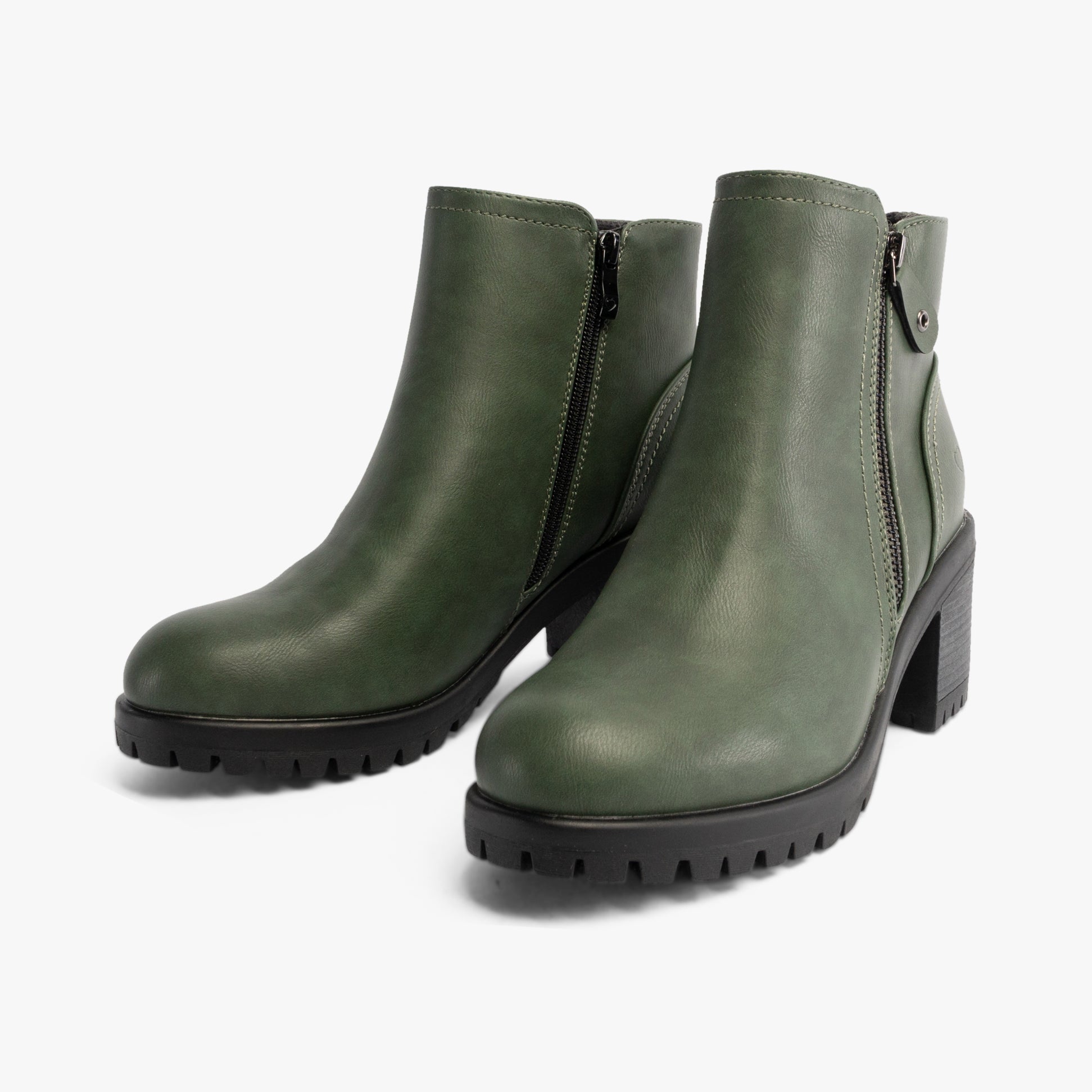 Heavenly Feet LARKIN Womens Ankle Zip Boots Forest side view showcasing faux leather material and block heel.
