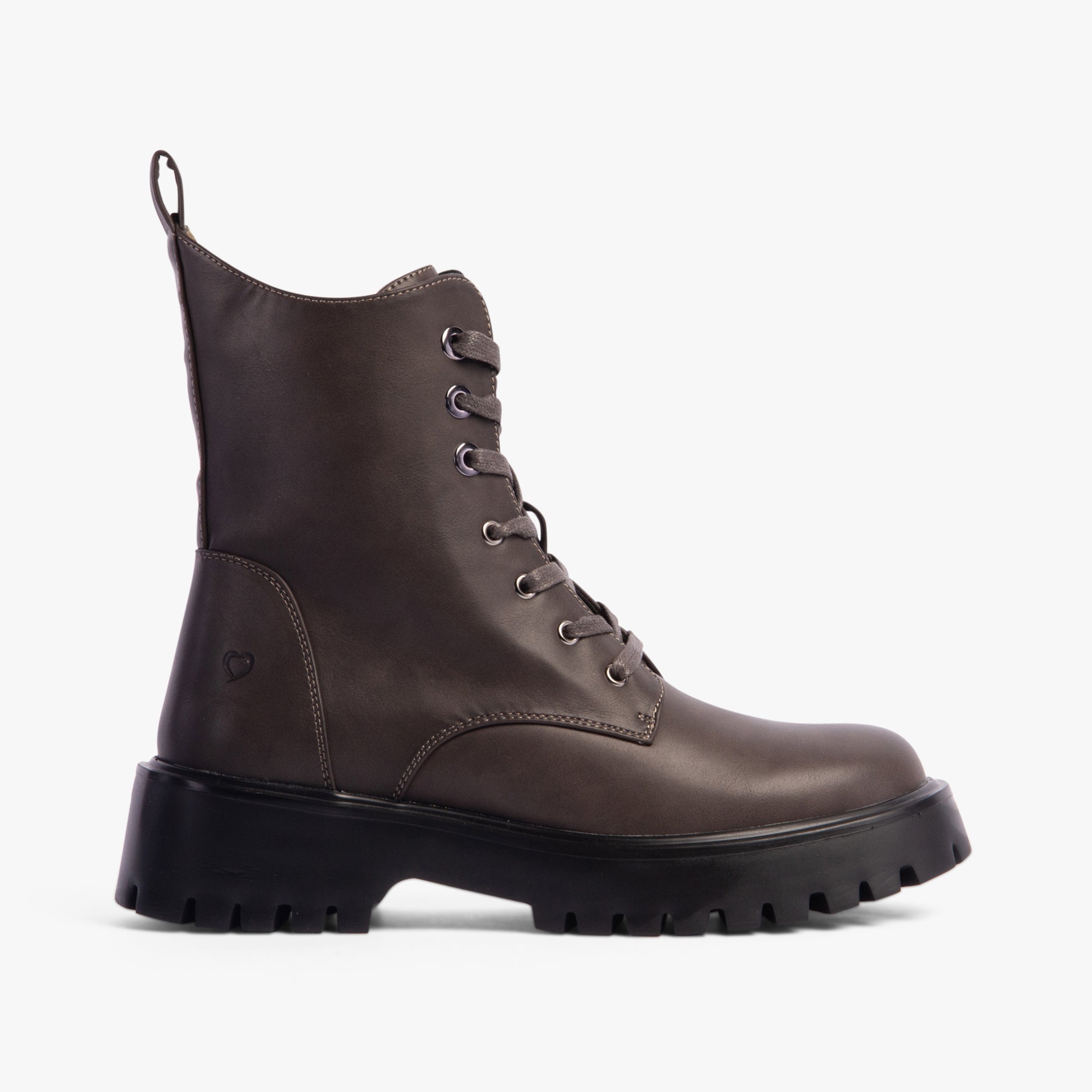 Heavenly Feet KRISSY Womens Ankle Boots Earth side view, lace-up faux leather ankle boots with platform sole.