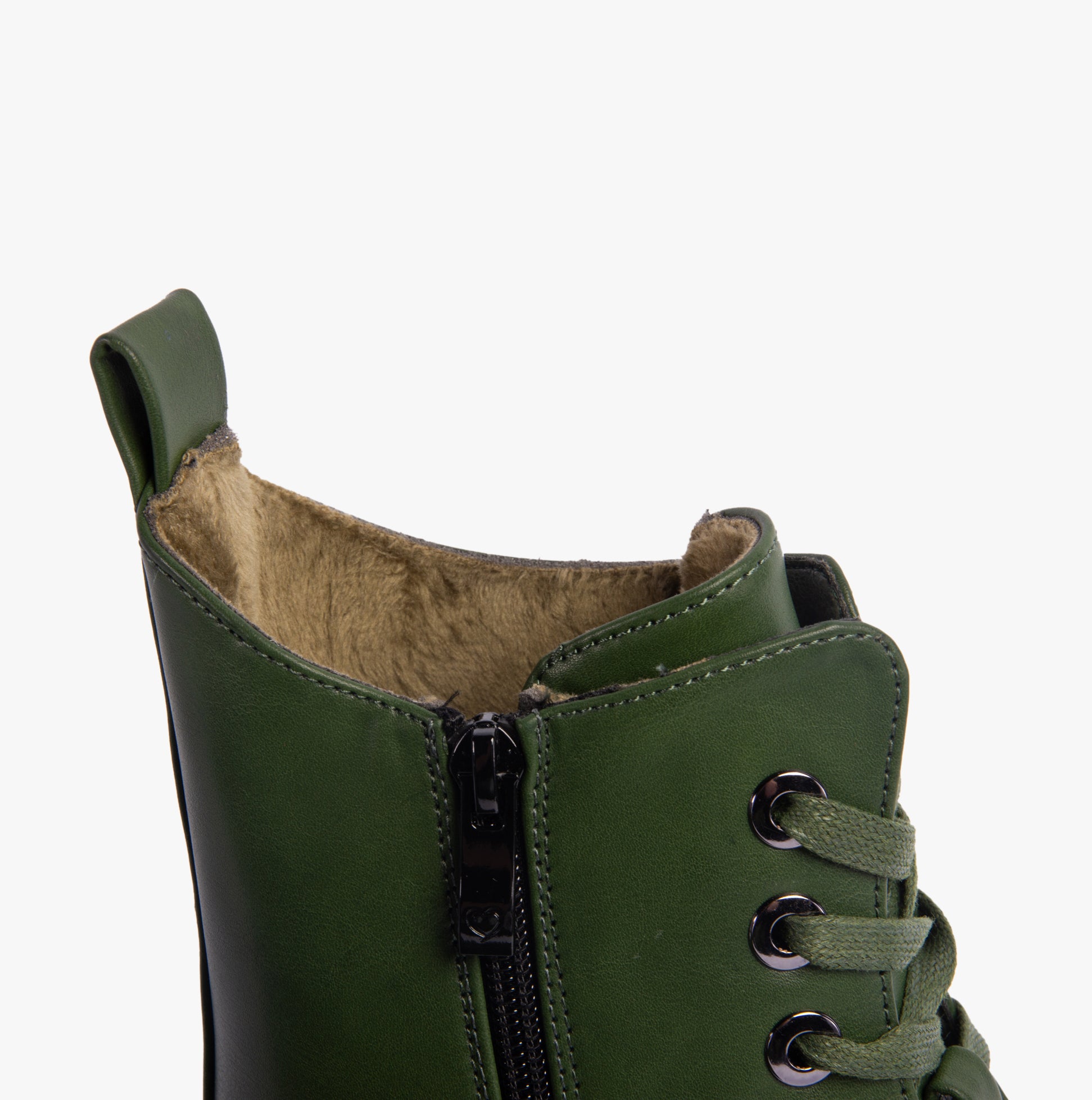 Close-up view of Heavenly Feet KRISSY Womens Ankle Boots Leaf Green showing zip and lace details.
