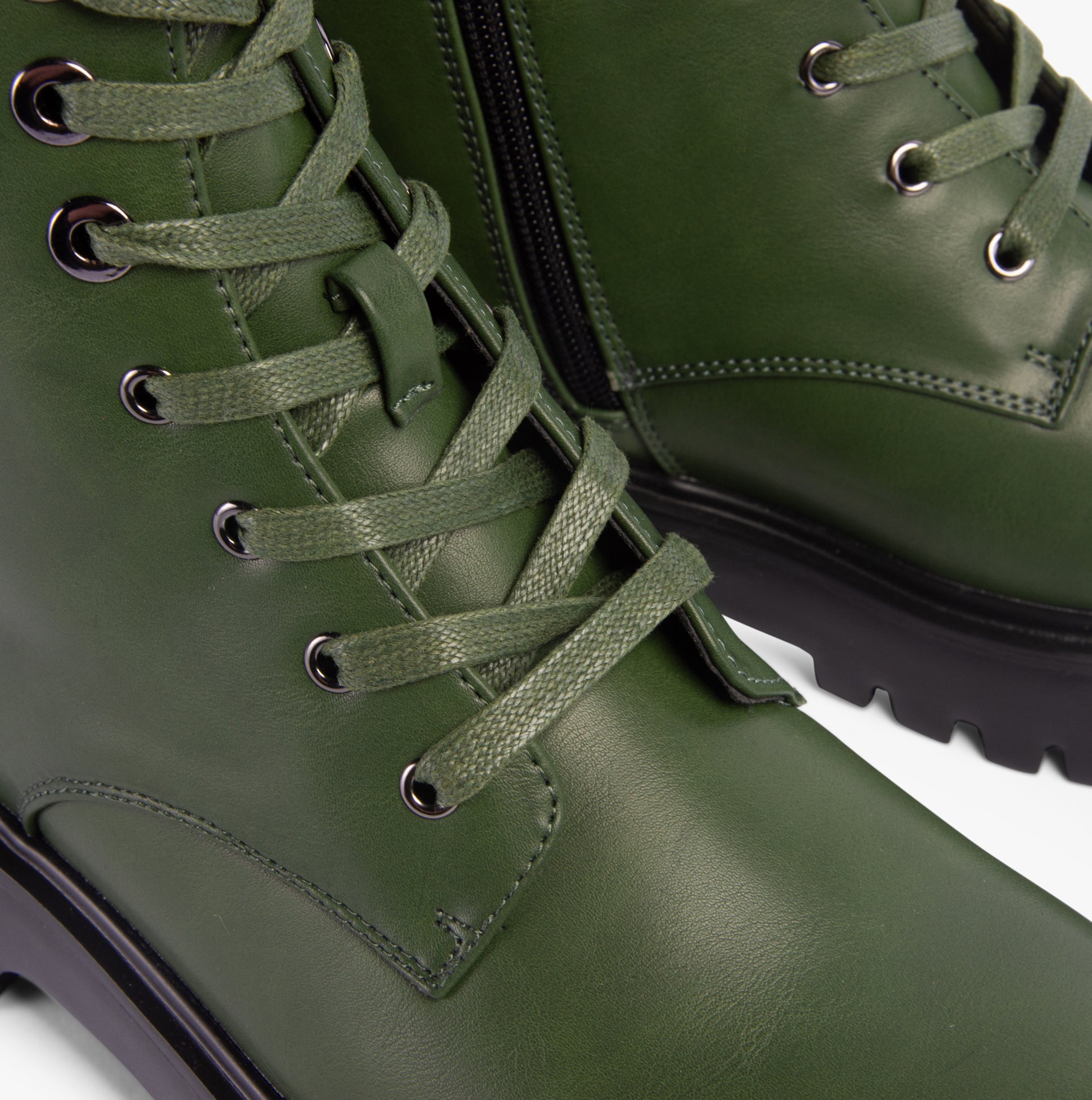 Heavenly Feet KRISSY Womens Ankle Boots Leaf Green detail view showing lace-up design and faux leather finish.