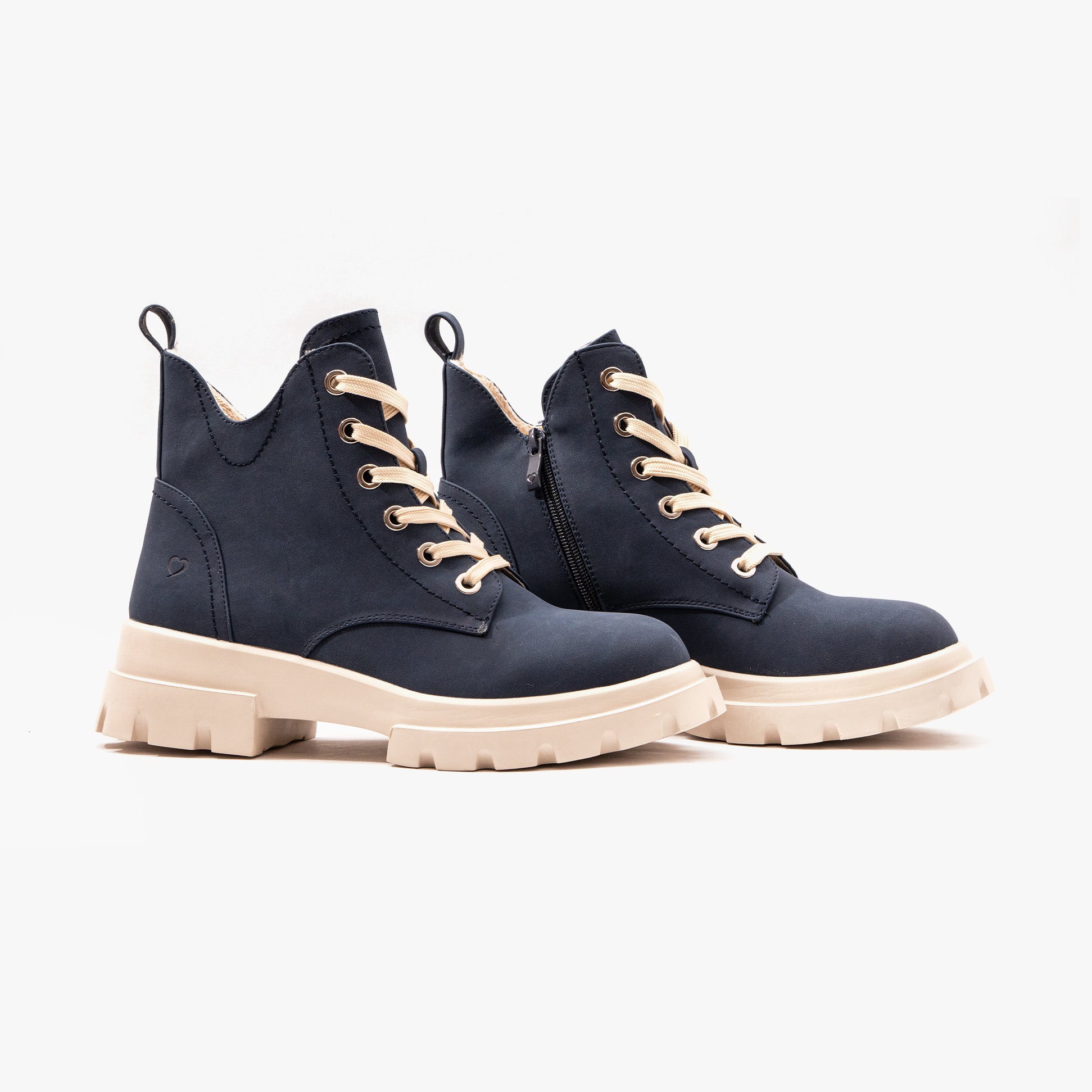 Heavenly Feet CLEA Womens Lace Ankle Boots Midnight side view showcasing navy synthetic upper and beige chunky sole.