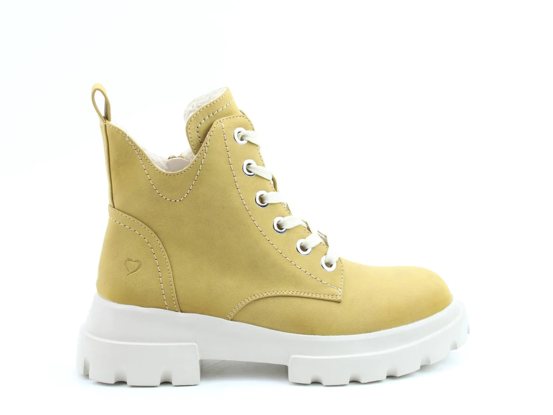 Heavenly Feet CLEA Womens Lace Ankle Boots Mustard side view with lace up closure and block heel design.