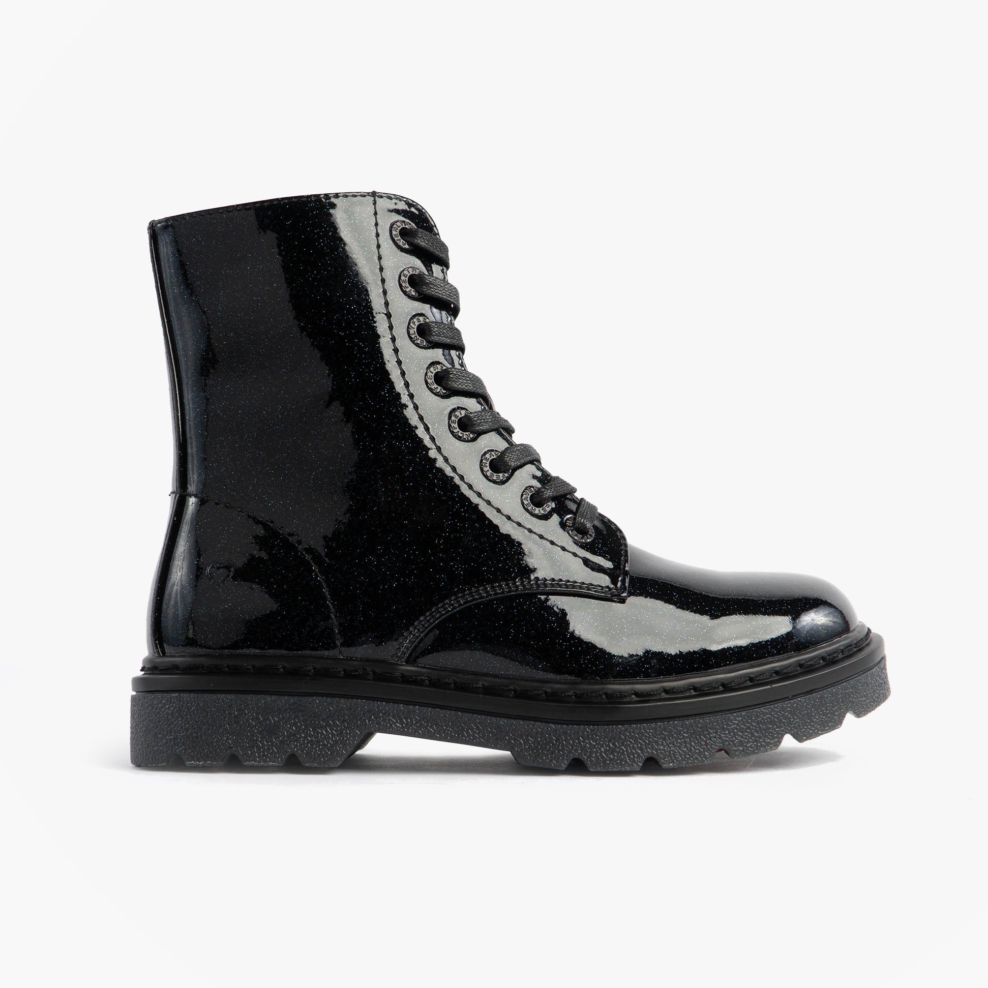 Heavenly Feet JUSTINA2 GLITTER Womens Ankle Boots Black Glitter side view showcasing lace-up design and glossy finish.