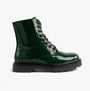 Heavenly Feet JUSTINA2 GLITTER Womens Ankle Boots Emerald Glitter side view showcasing lace-up design and shiny synthetic upper.