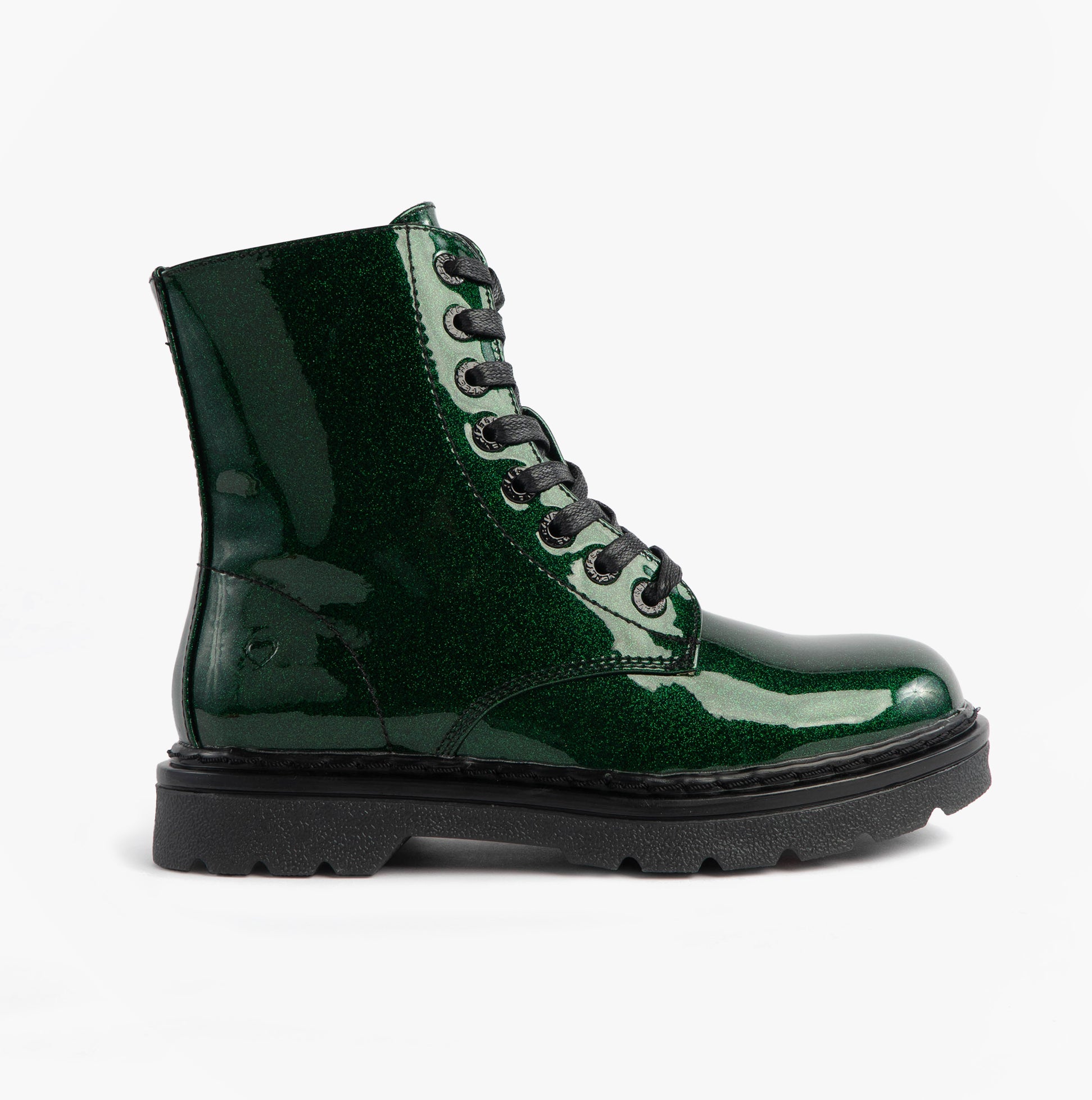 Heavenly Feet JUSTINA2 GLITTER Womens Ankle Boots Emerald Glitter side view showcasing lace-up design and shiny synthetic upper.