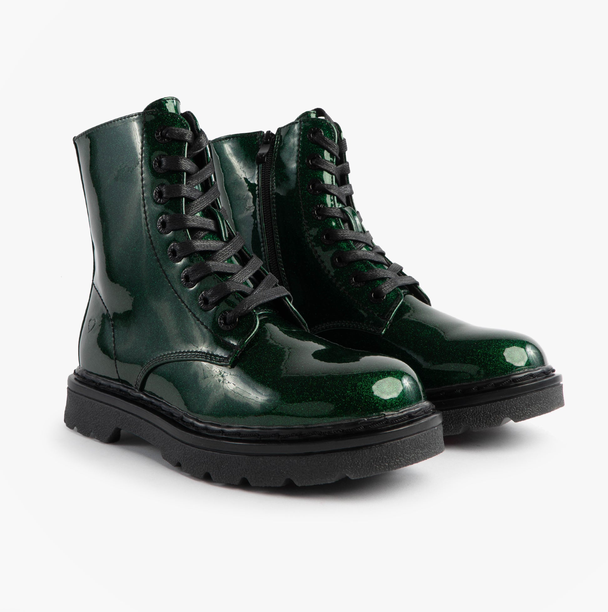 Heavenly Feet JUSTINA2 GLITTER Womens Ankle Boots Emerald Glitter side view showcasing shiny green synthetic upper and lace-up closure.