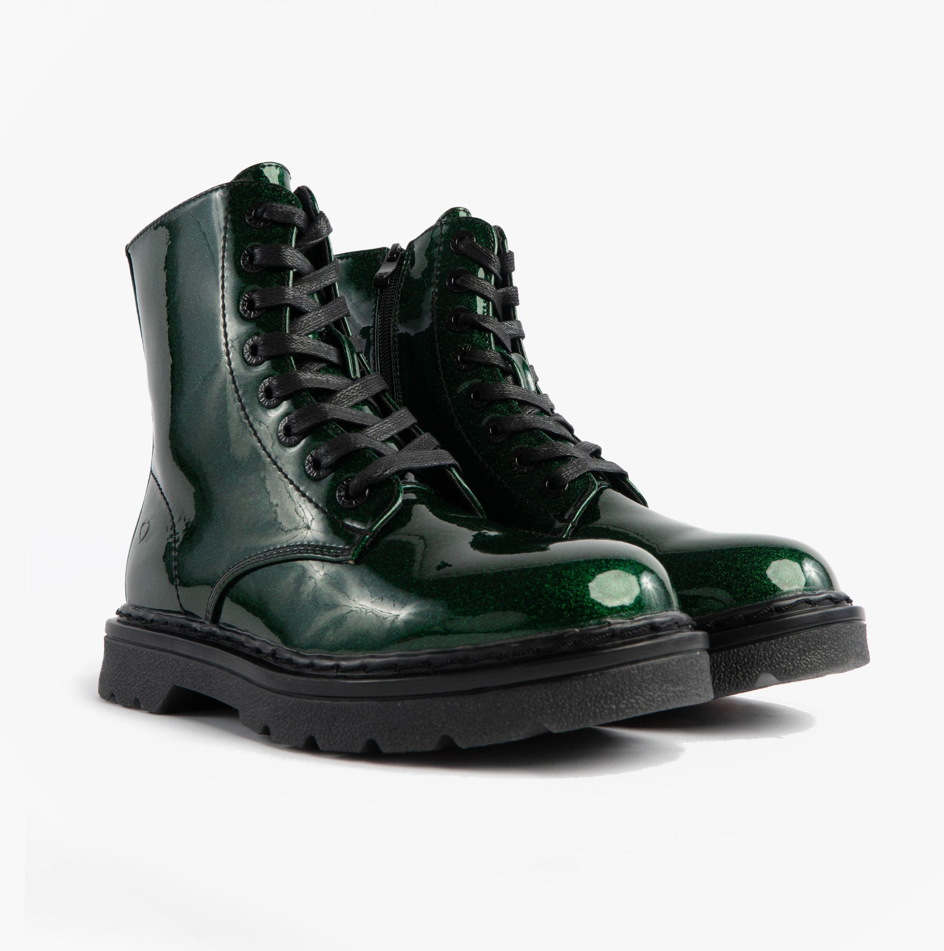 Heavenly Feet JUSTINA2 GLITTER Womens Ankle Boots Emerald Glitter side view showcasing lace-up and zip closure.